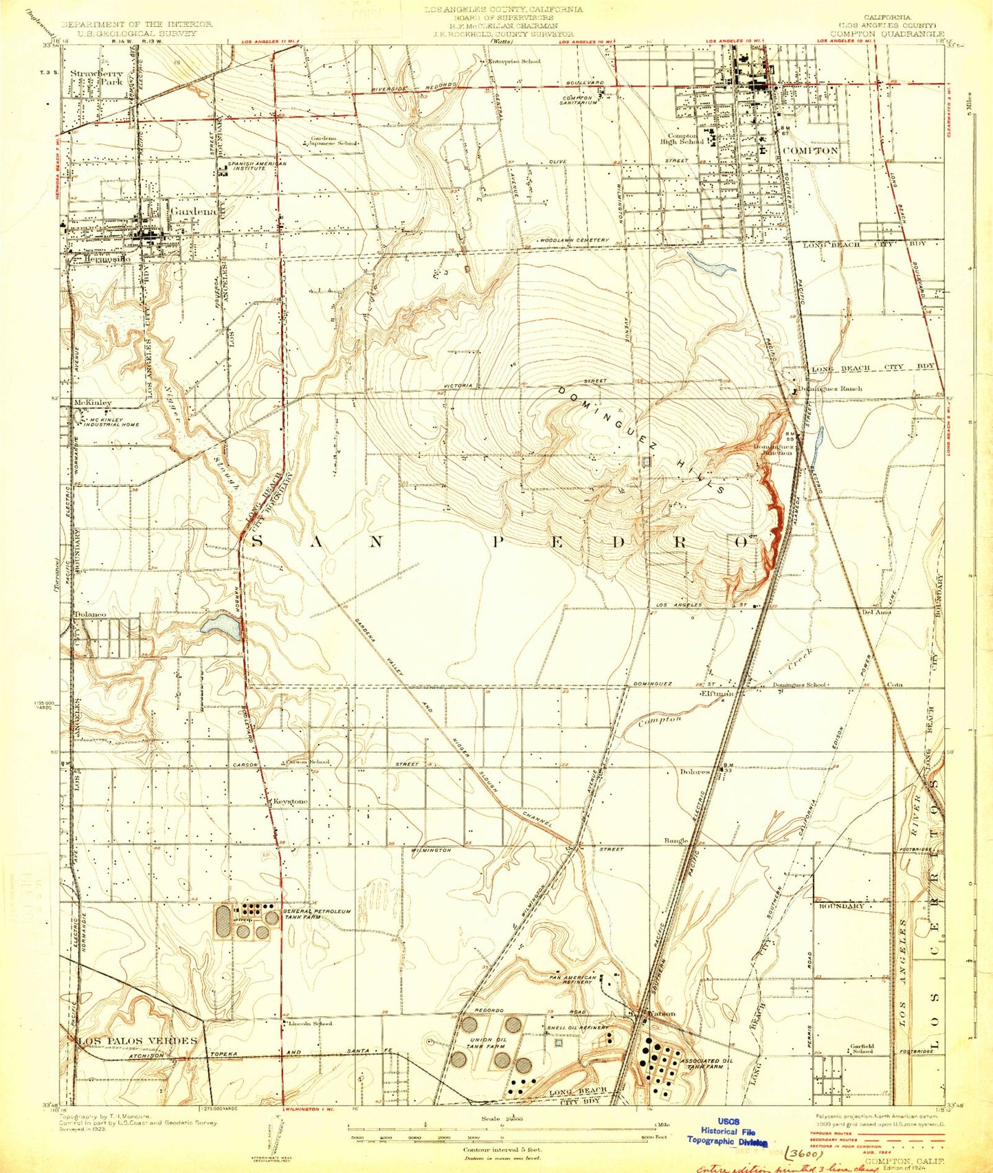Classic USGS Compton California 7.5'x7.5' Topo Map Image