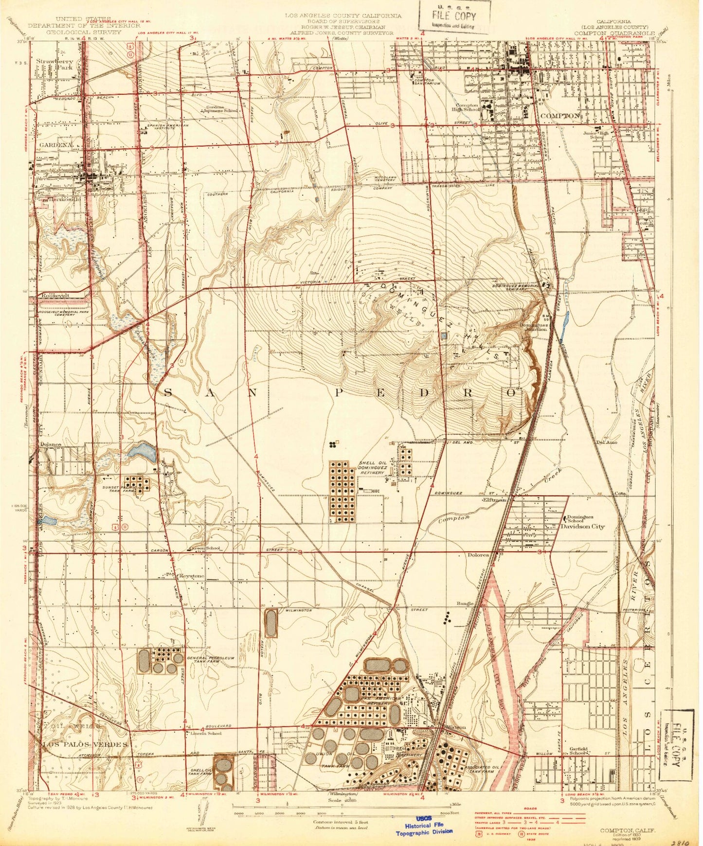Classic USGS Compton California 7.5'x7.5' Topo Map Image