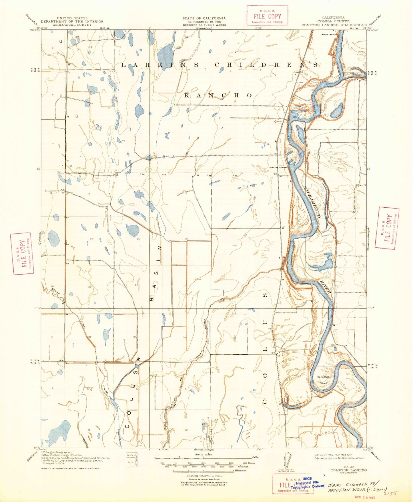 Classic USGS Moulton Weir California 7.5'x7.5' Topo Map Image