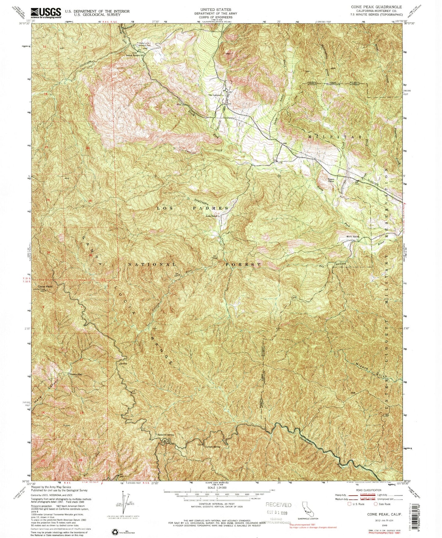 Classic USGS Cone Peak California 7.5'x7.5' Topo Map Image