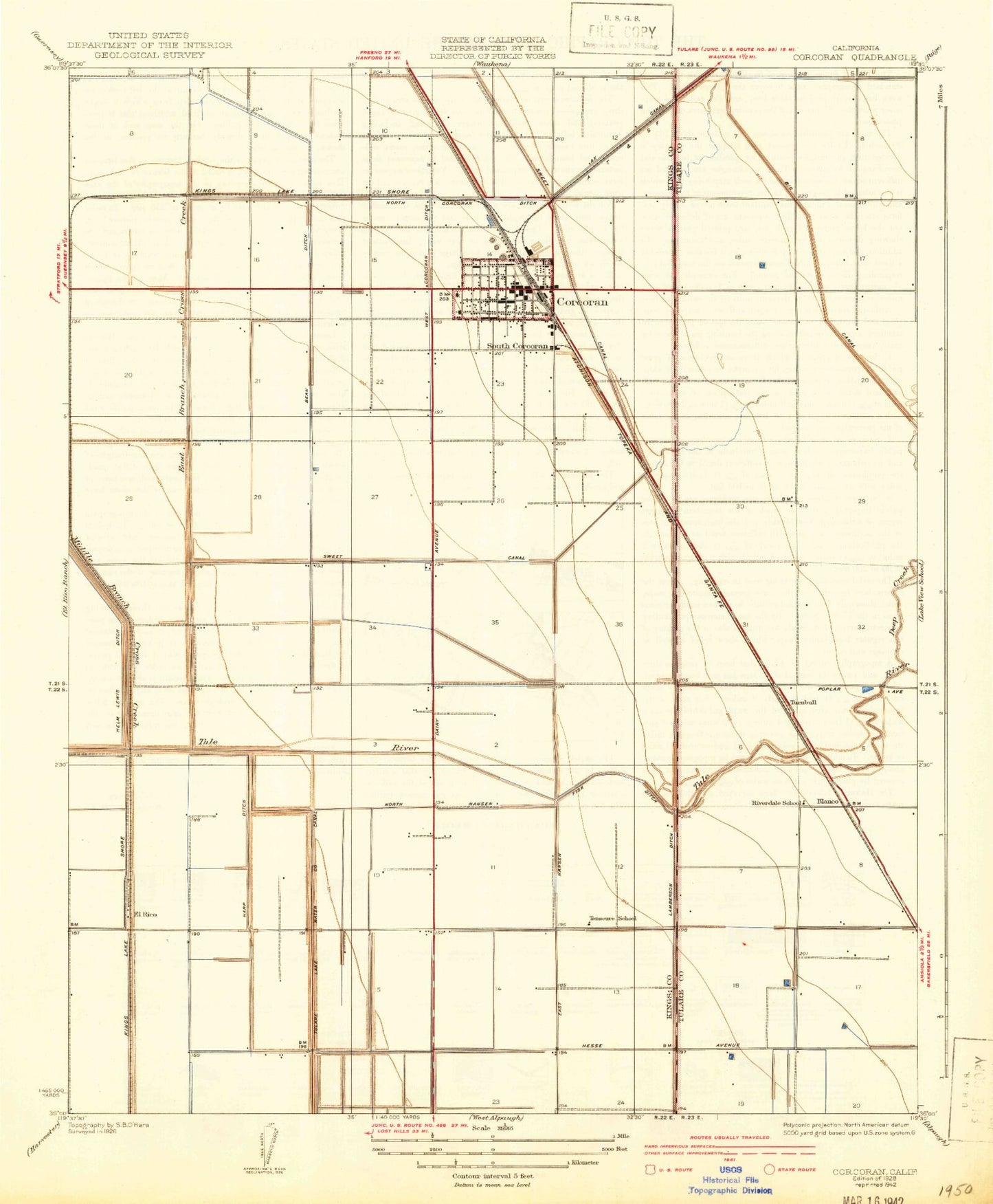 Classic USGS Corcoran California 7.5'x7.5' Topo Map Image