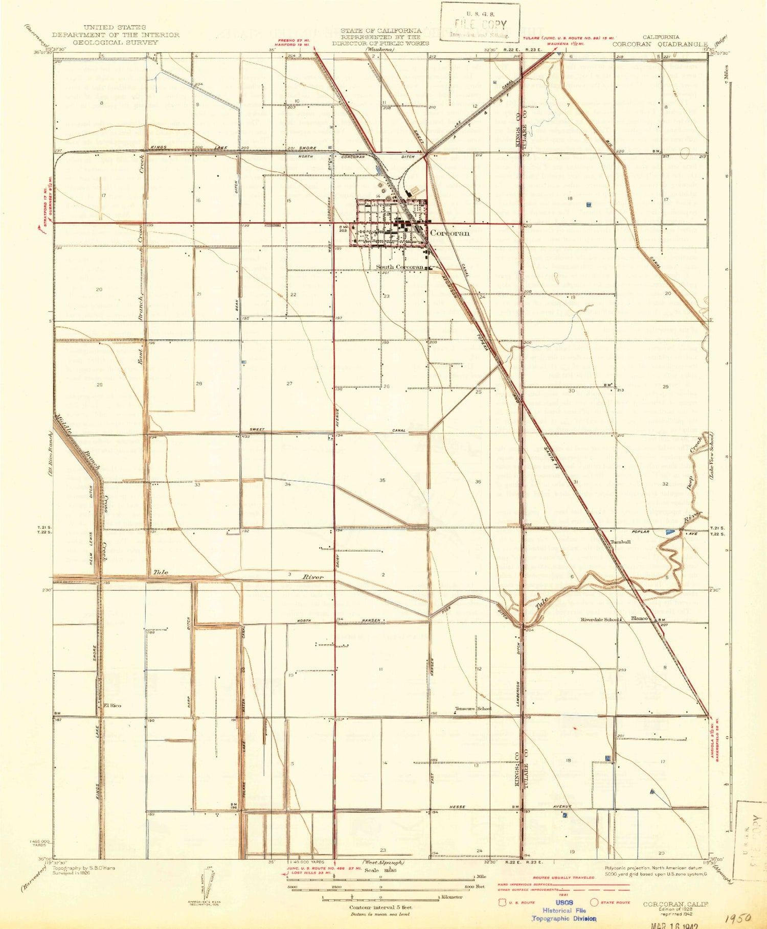 Classic USGS Corcoran California 7.5'x7.5' Topo Map Image