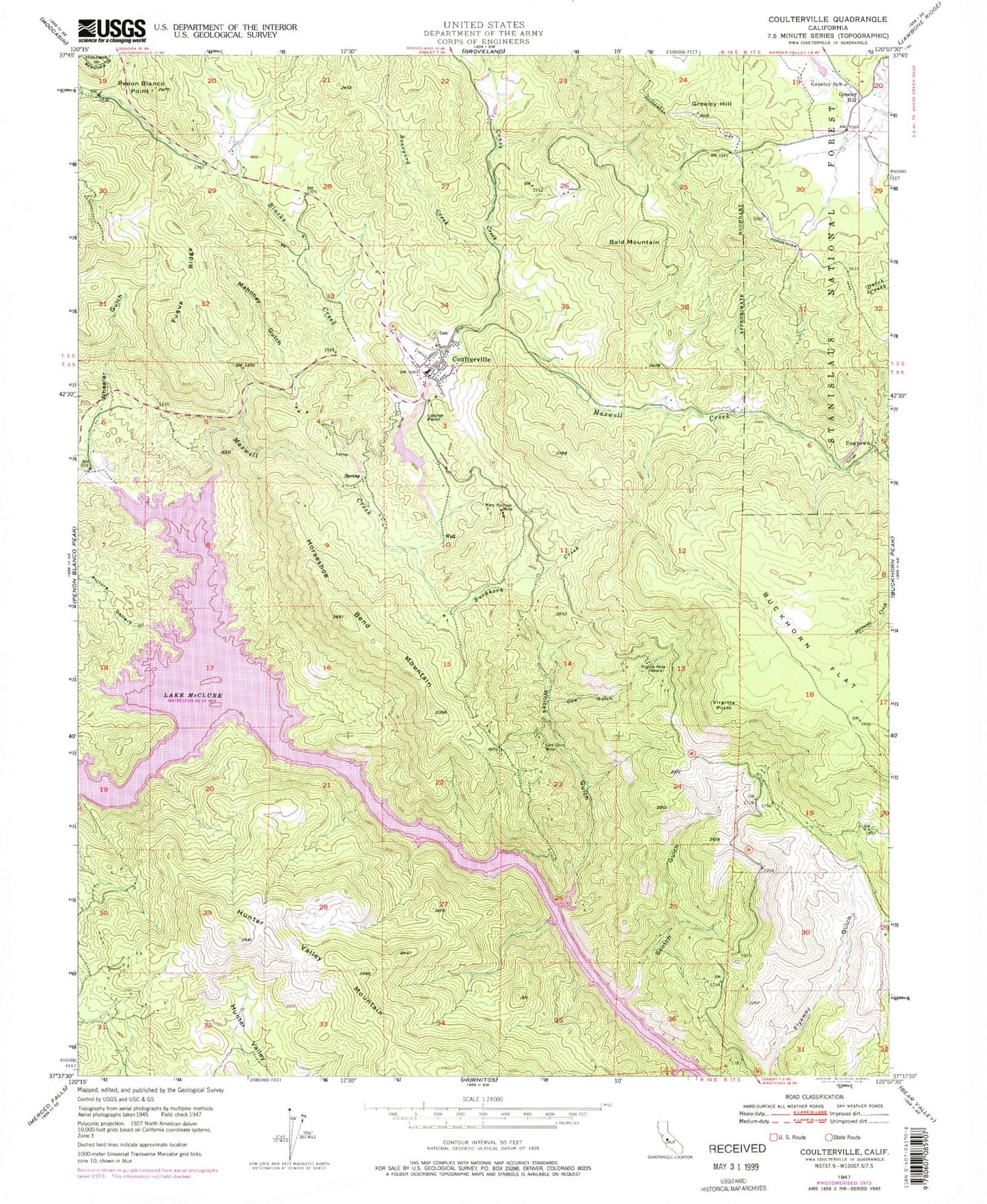Classic USGS Coulterville California 7.5'x7.5' Topo Map Image