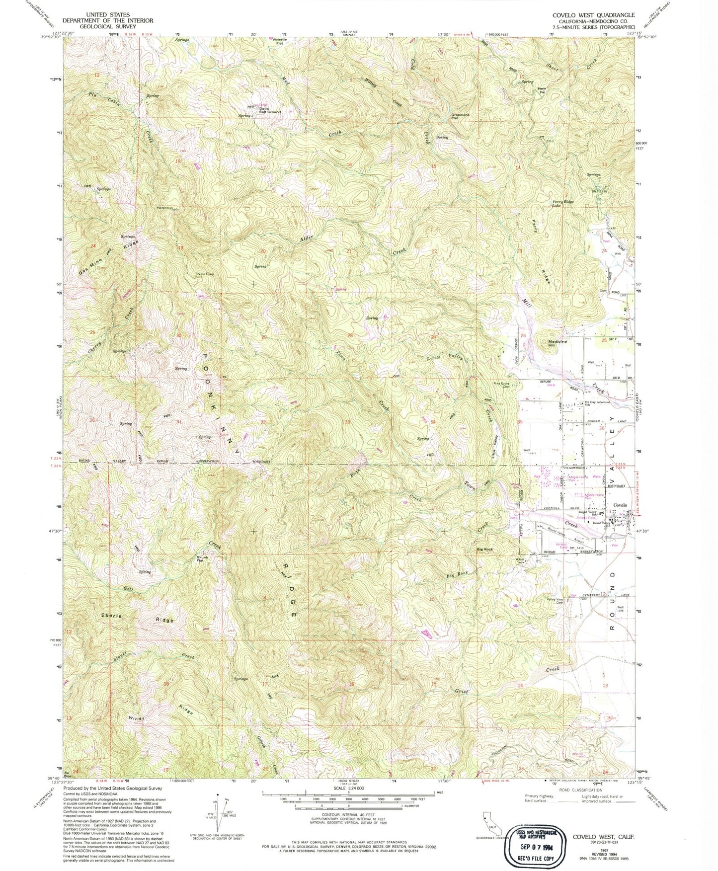 Classic USGS Covelo West California 7.5'x7.5' Topo Map Image