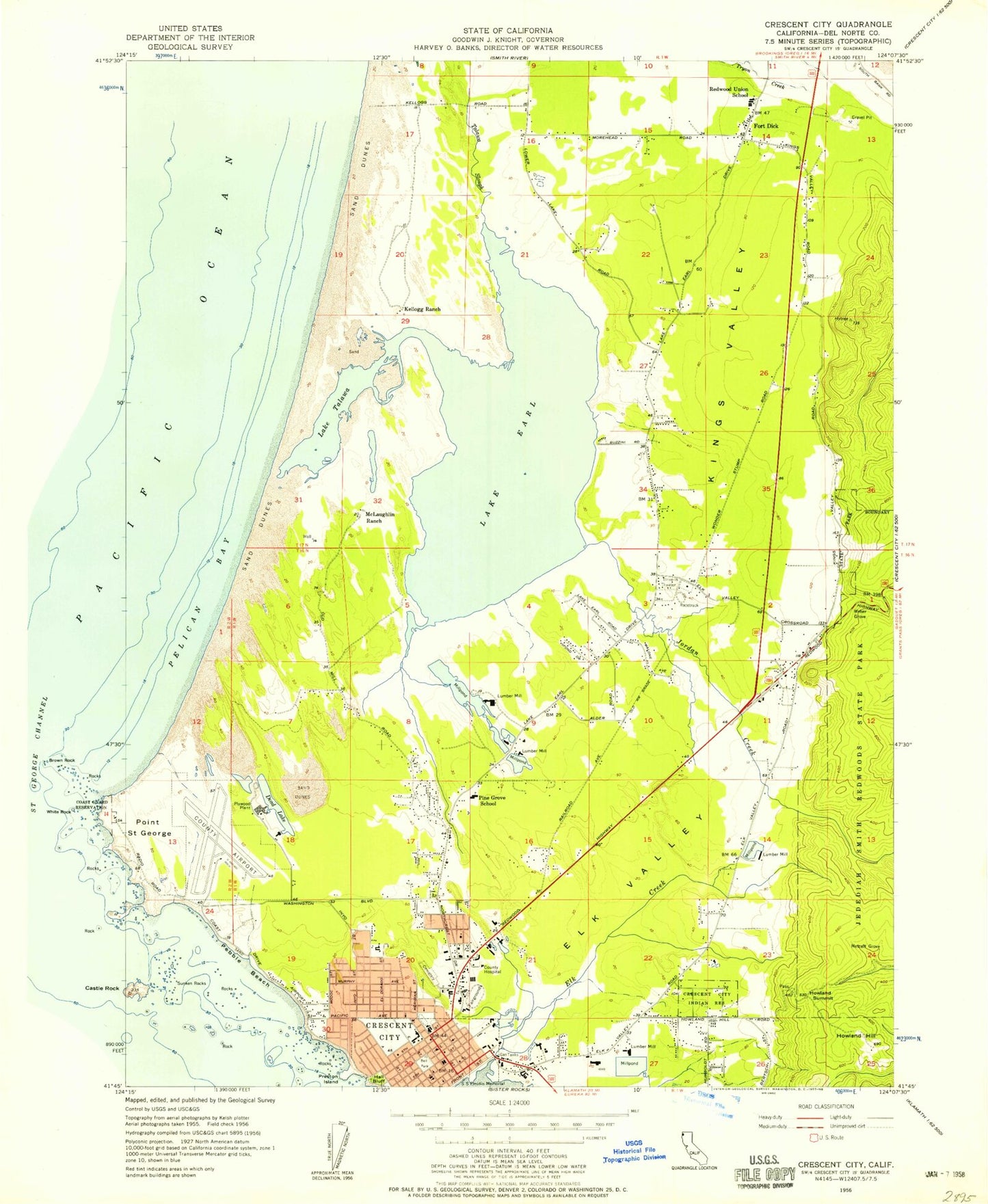 Classic USGS Crescent City California 7.5'x7.5' Topo Map Image