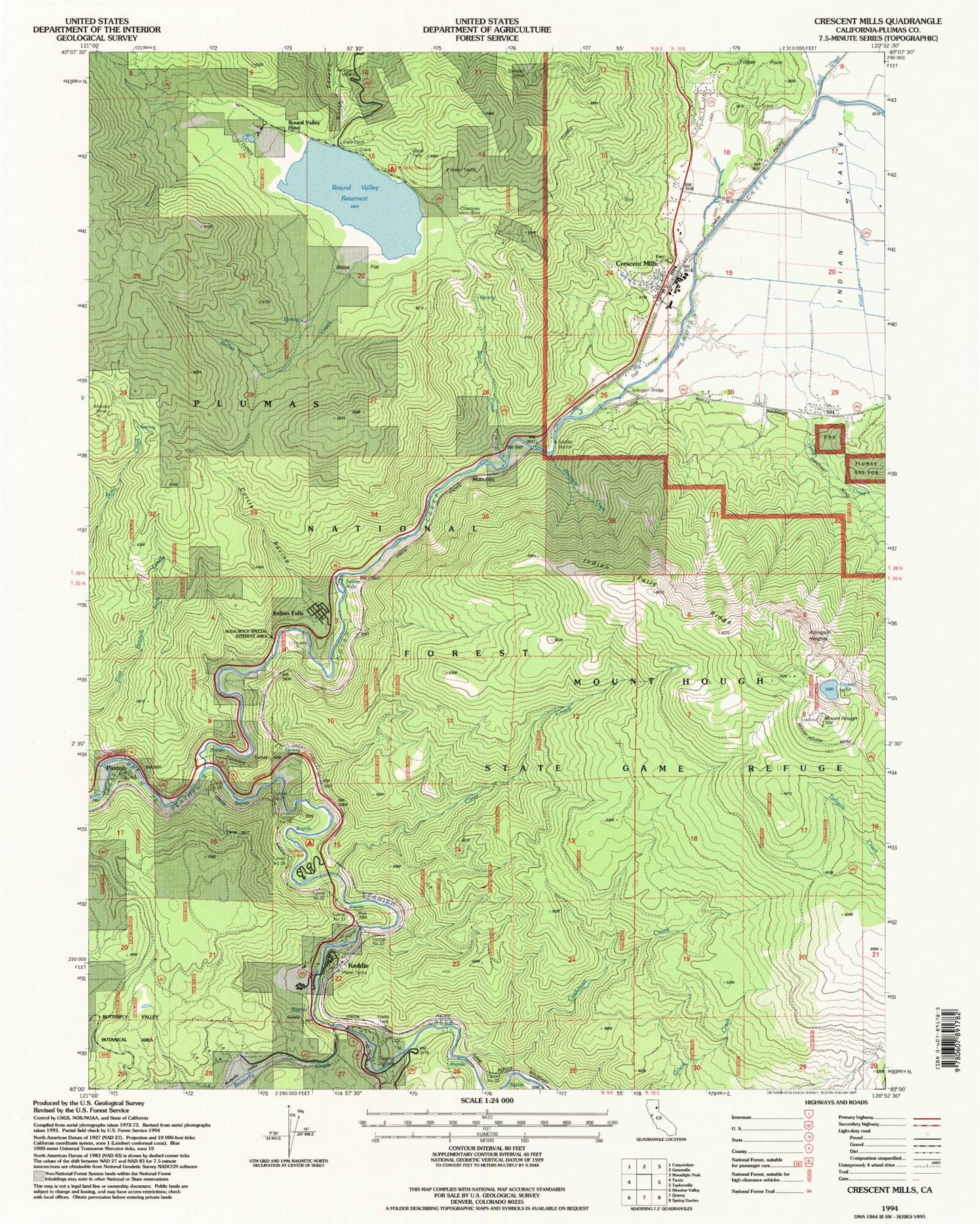 Classic USGS Crescent Mills California 7.5'x7.5' Topo Map Image