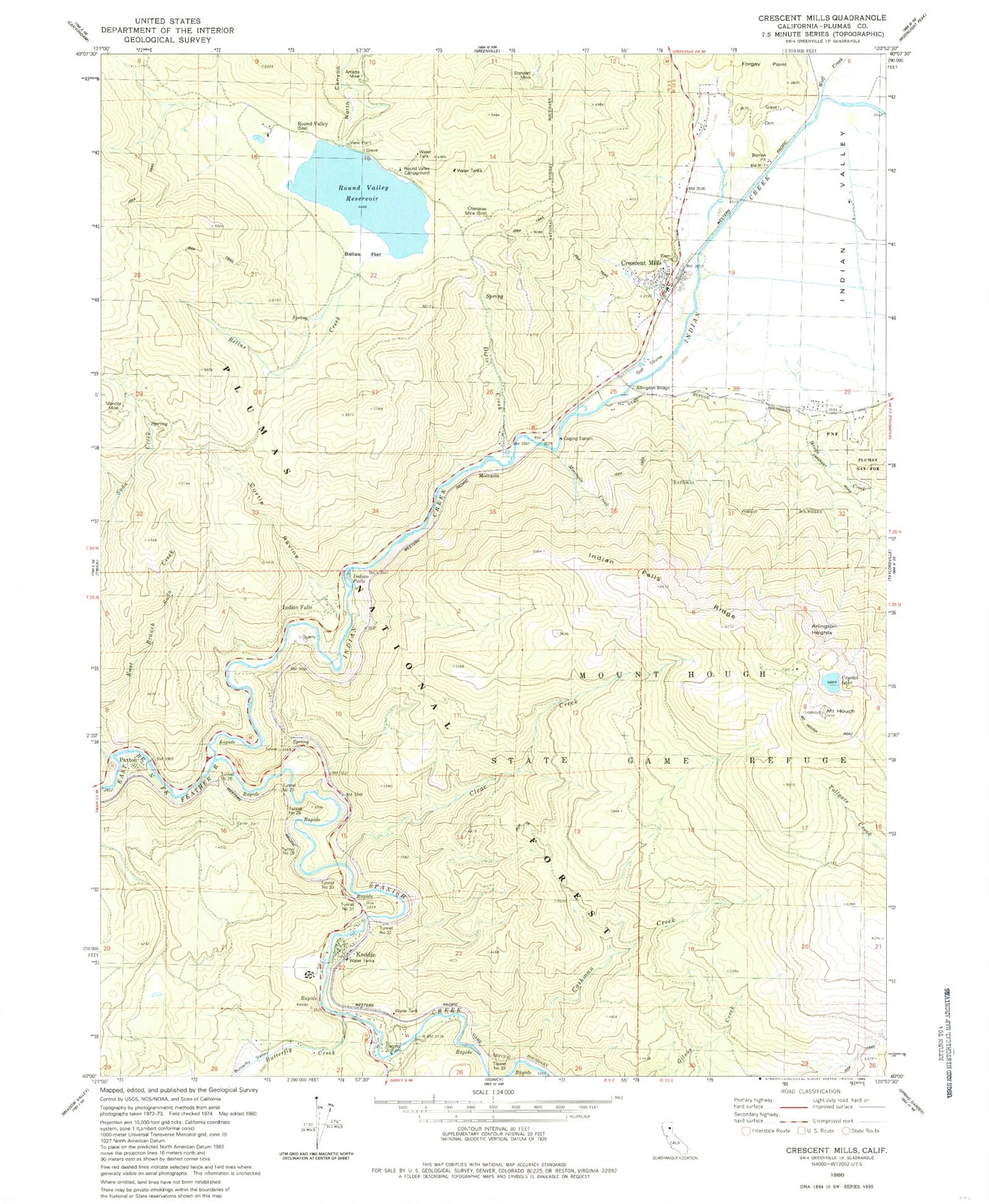 Classic USGS Crescent Mills California 7.5'x7.5' Topo Map Image