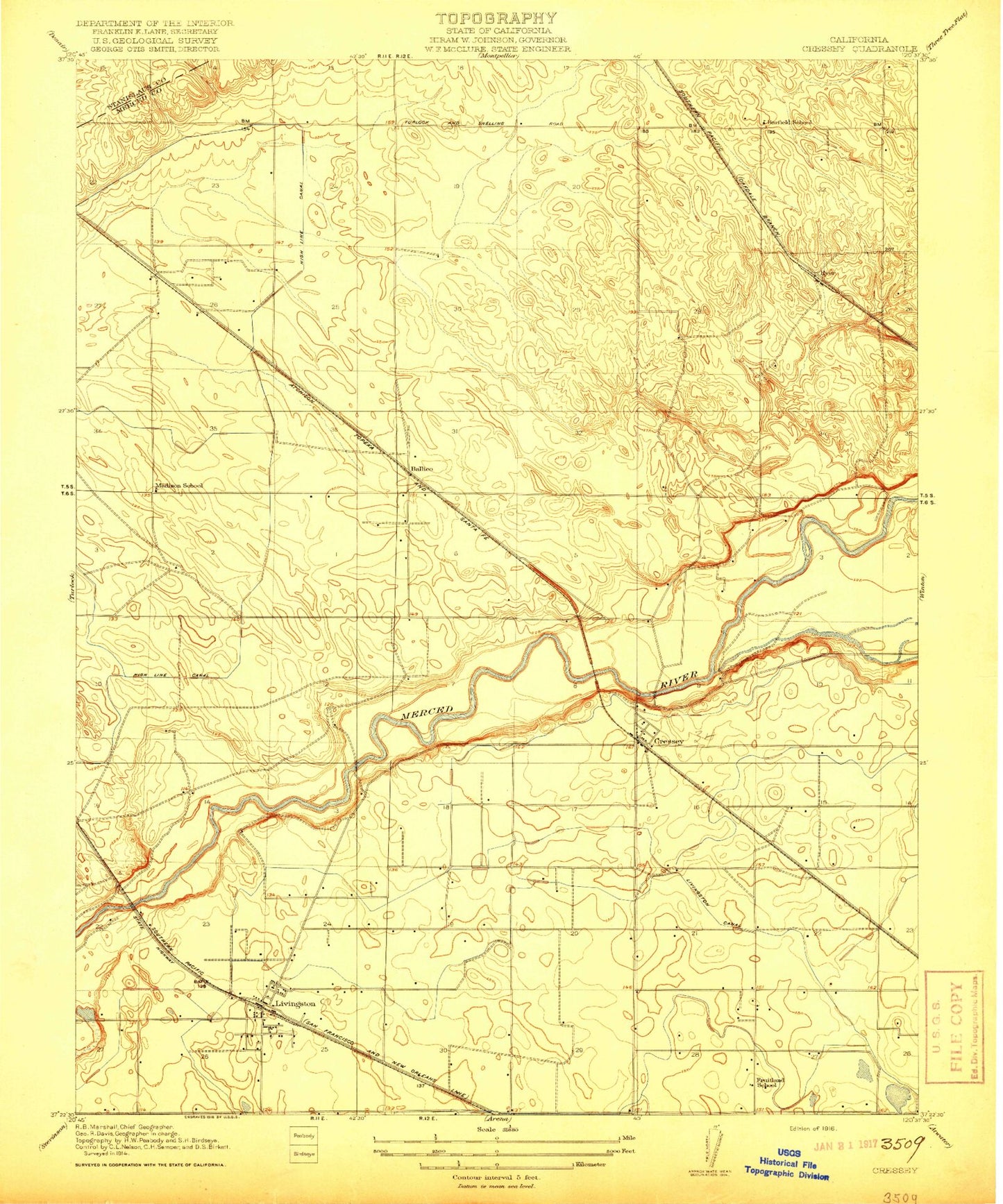 Classic USGS Cressey California 7.5'x7.5' Topo Map Image