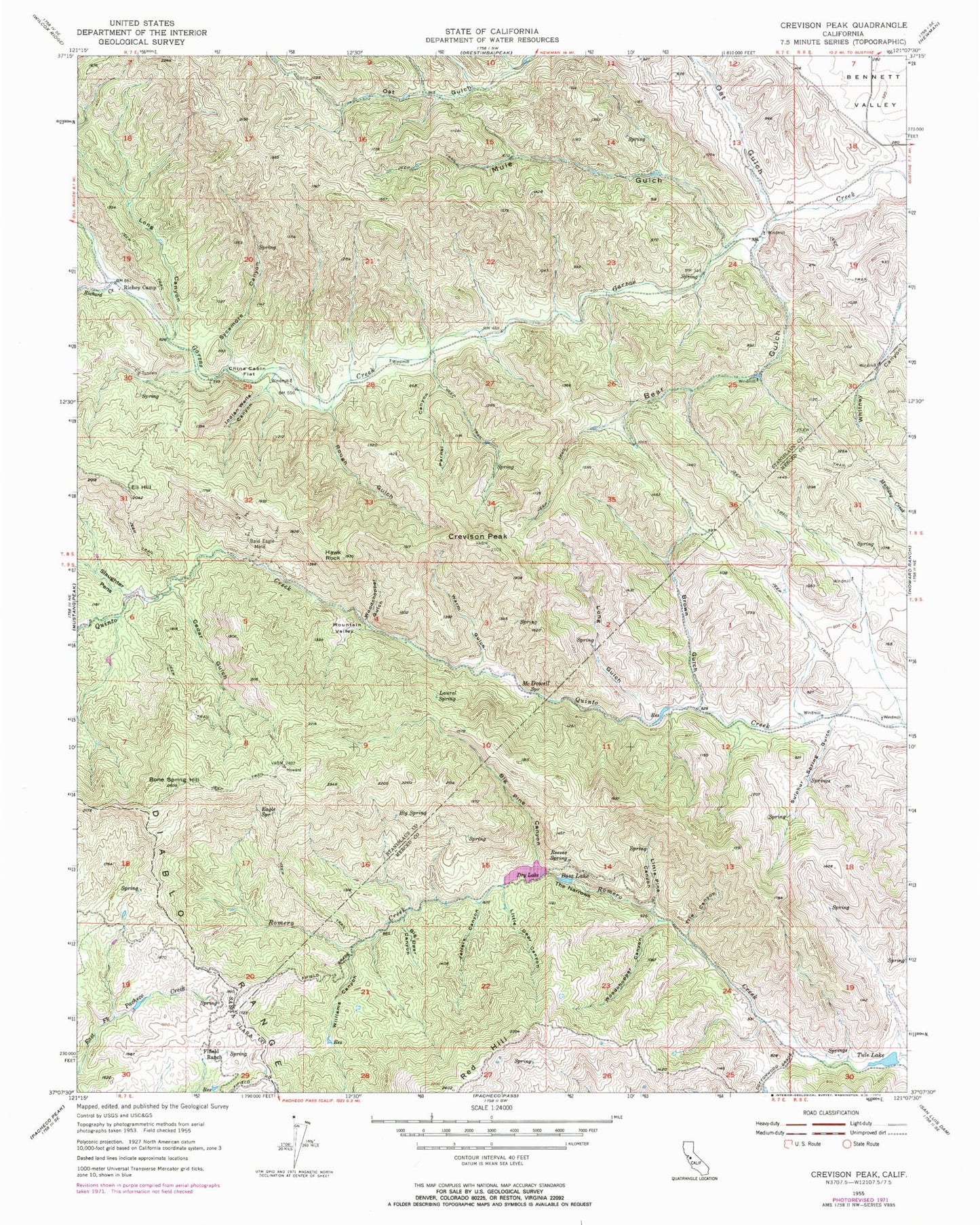 Classic USGS Crevison Peak California 7.5'x7.5' Topo Map Image
