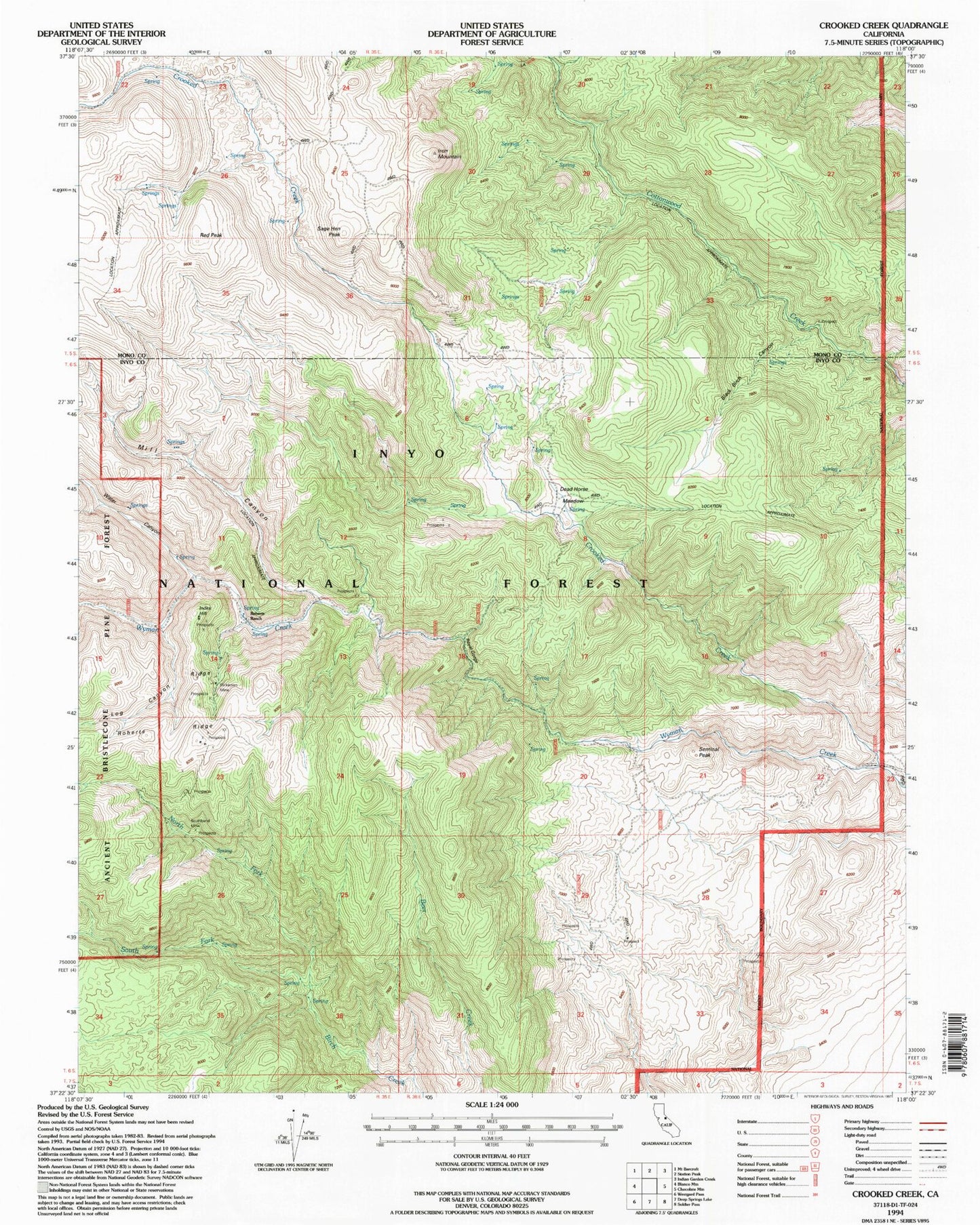 Classic USGS Crooked Creek California 7.5'x7.5' Topo Map Image