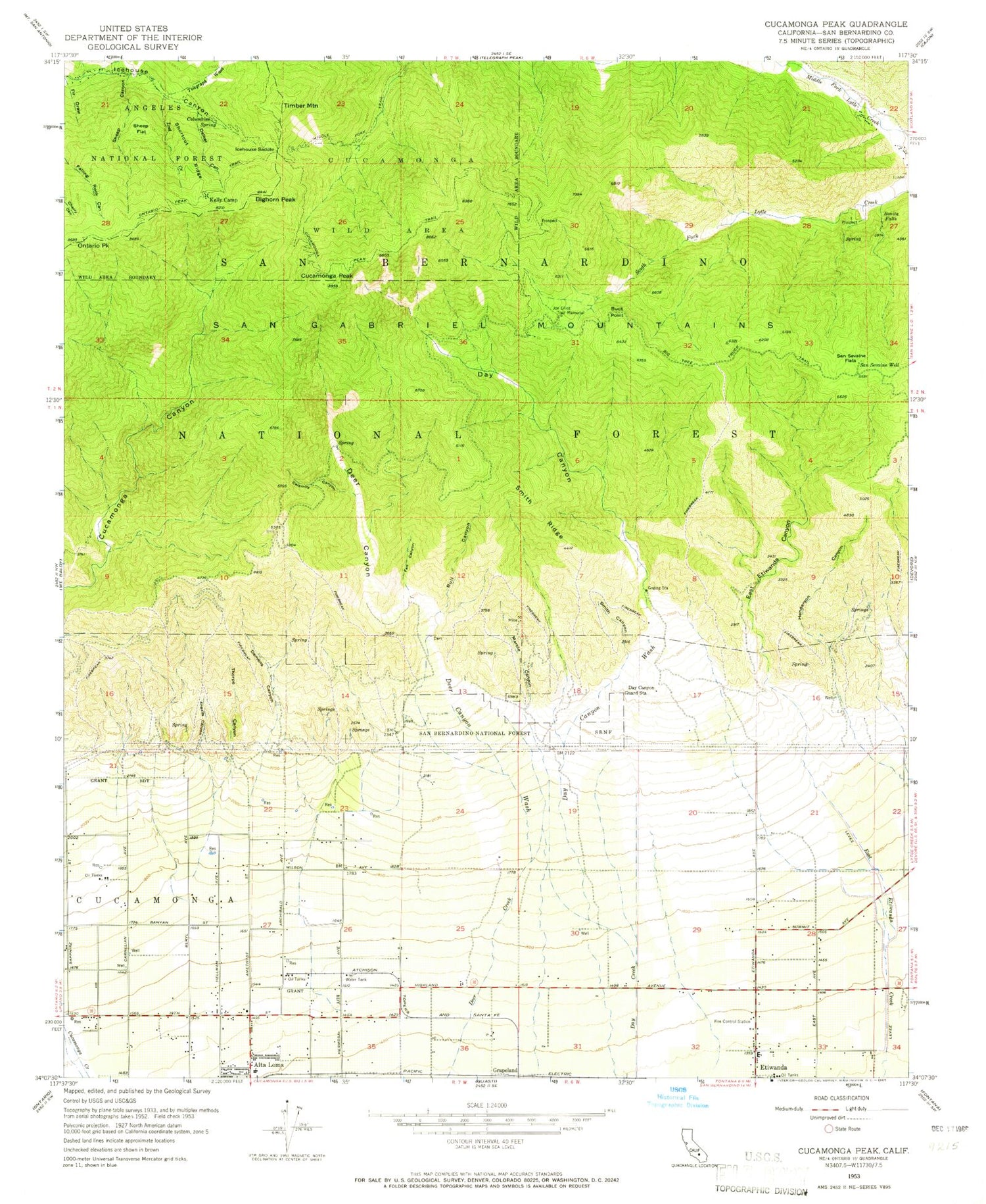USGS Classic Cucamonga Peak California 7.5'x7.5' Topo Map Image