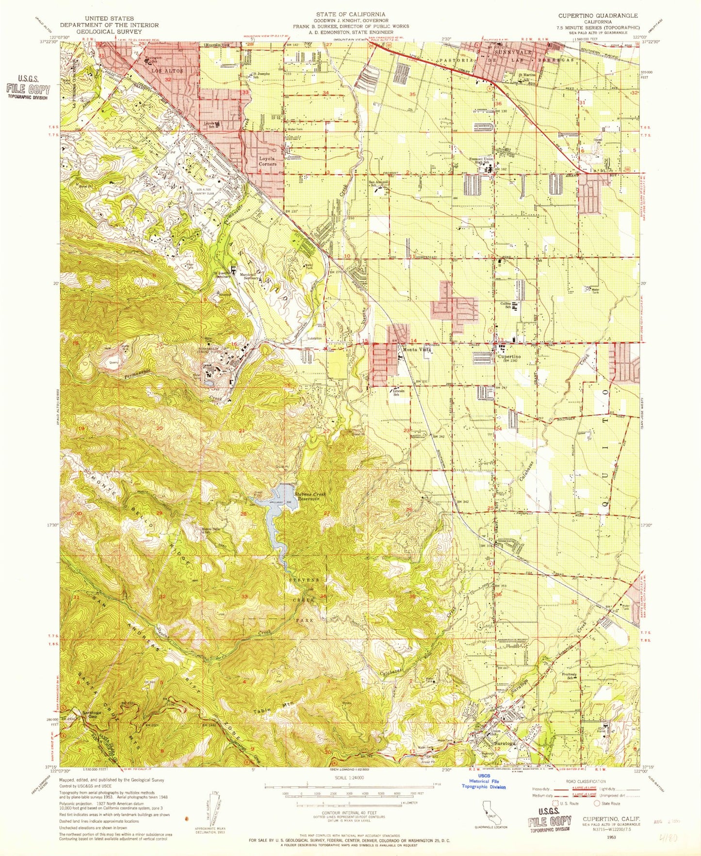 Classic USGS Cupertino California 7.5'x7.5' Topo Map Image