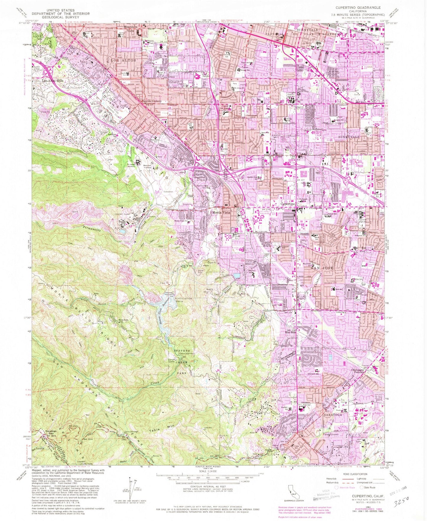 Classic USGS Cupertino California 7.5'x7.5' Topo Map Image