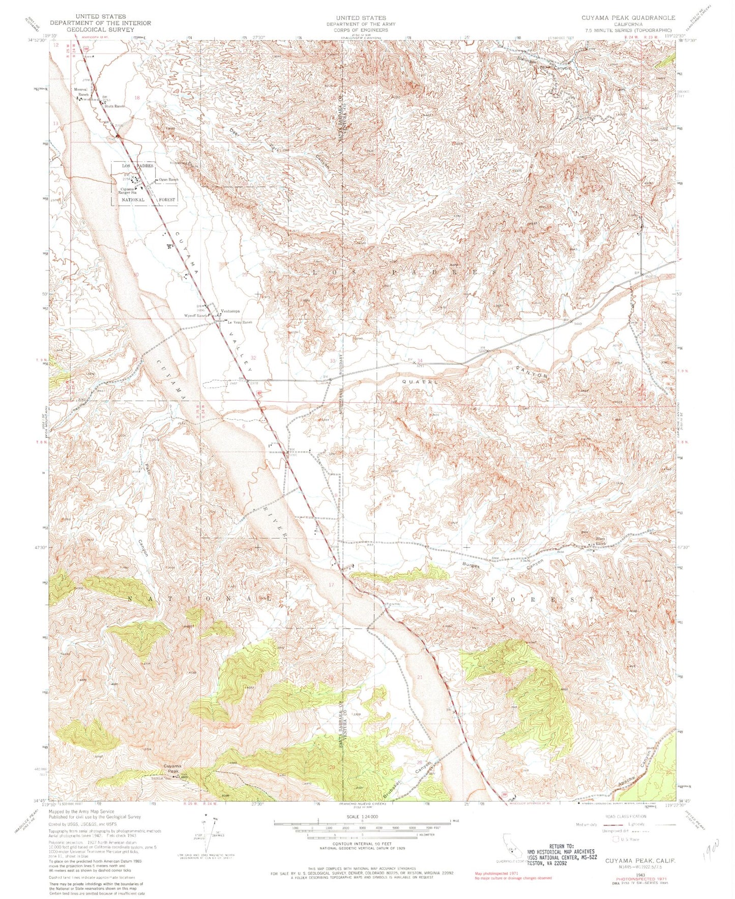 Classic USGS Cuyama Peak California 7.5'x7.5' Topo Map Image