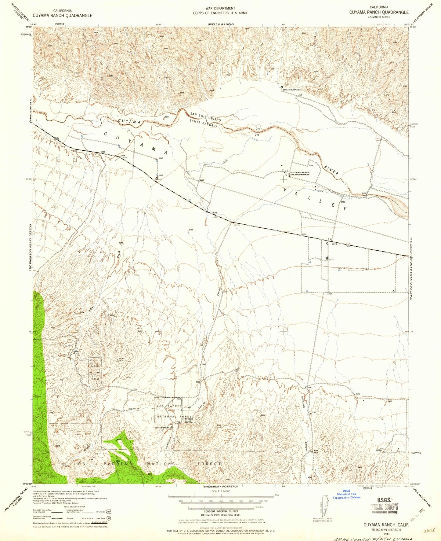 Classic USGS New Cuyama California 7.5'x7.5' Topo Map Image