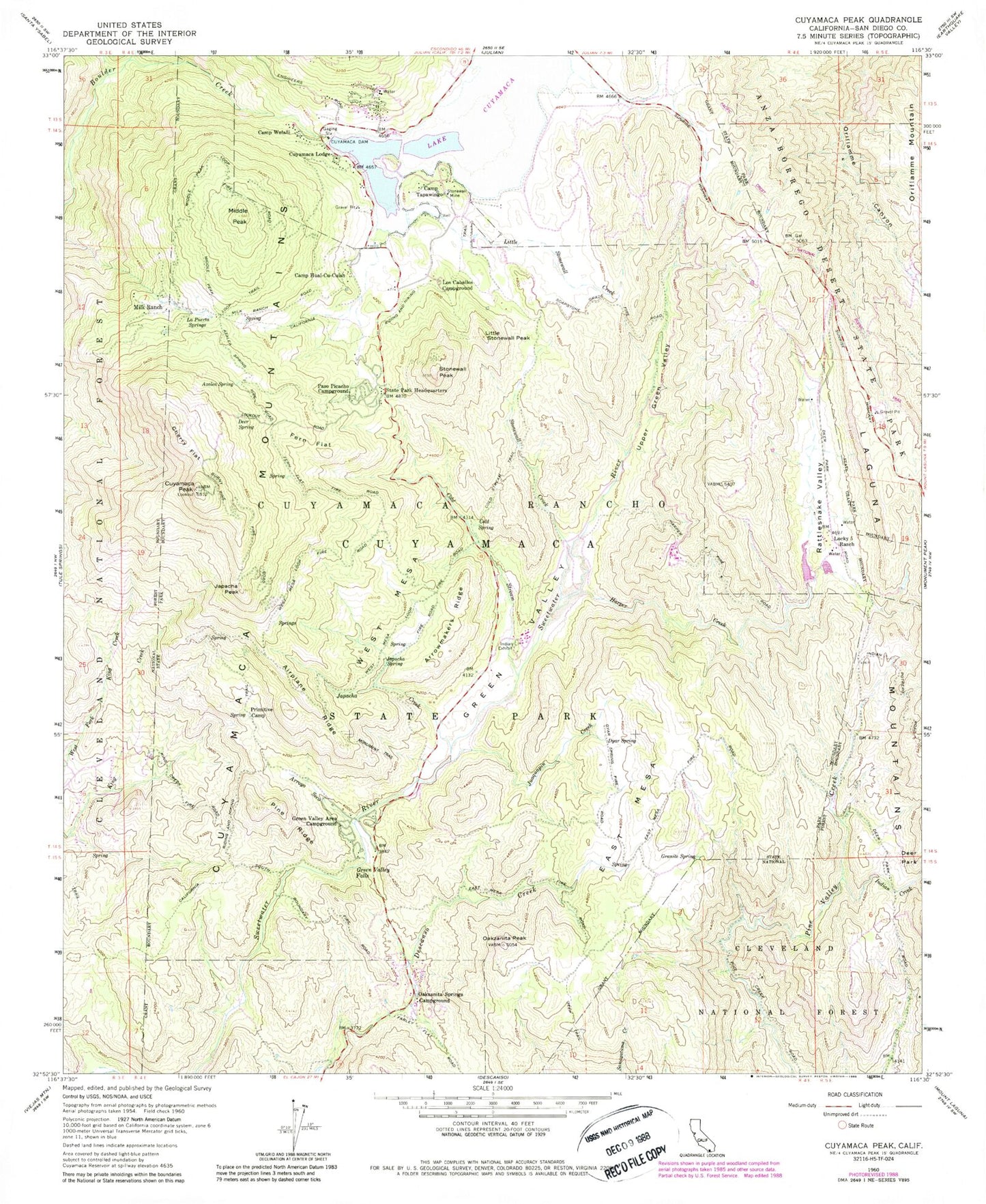USGS Classic Cuyamaca Peak California 7.5'x7.5' Topo Map Image