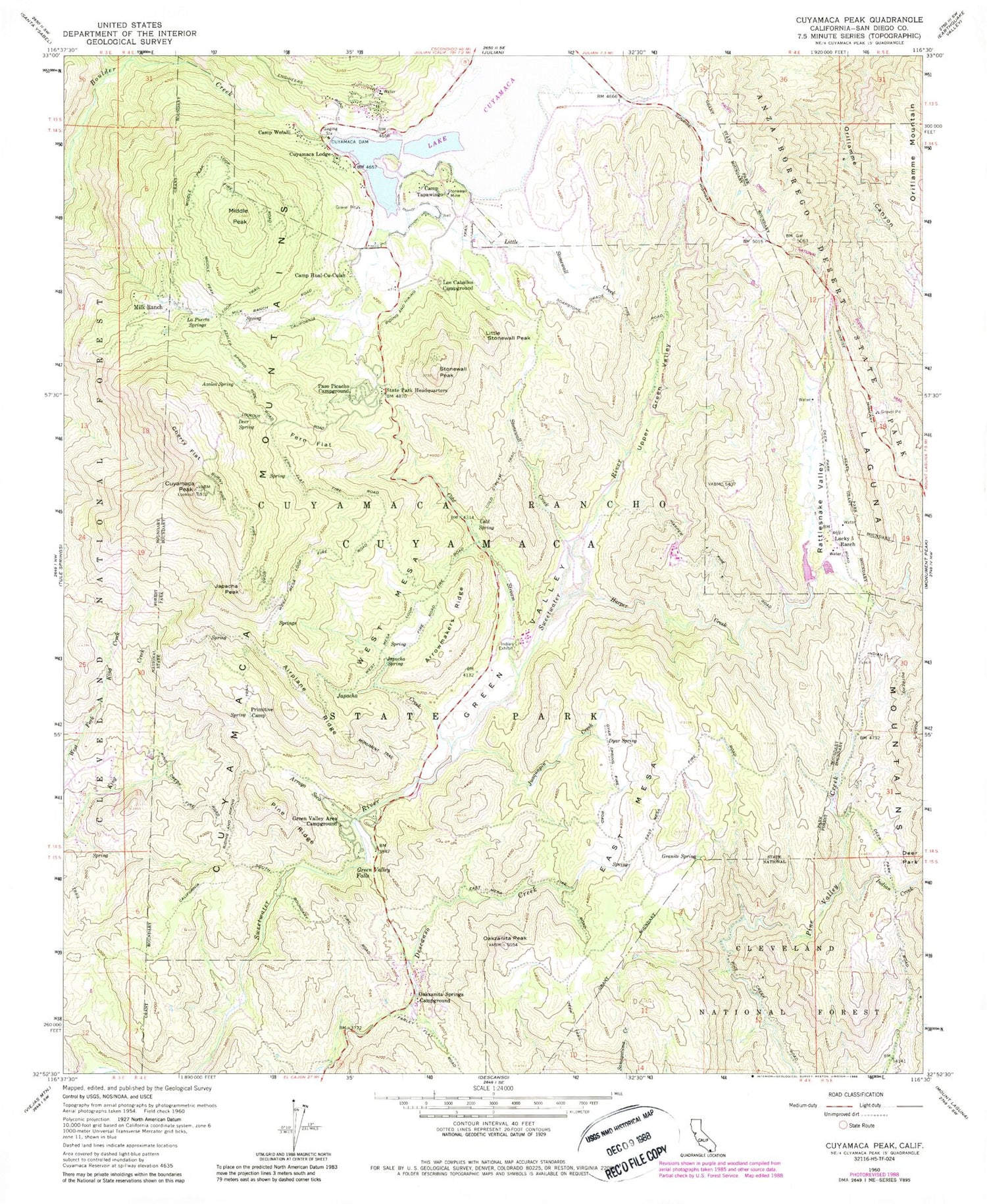 USGS Classic Cuyamaca Peak California 7.5'x7.5' Topo Map Image
