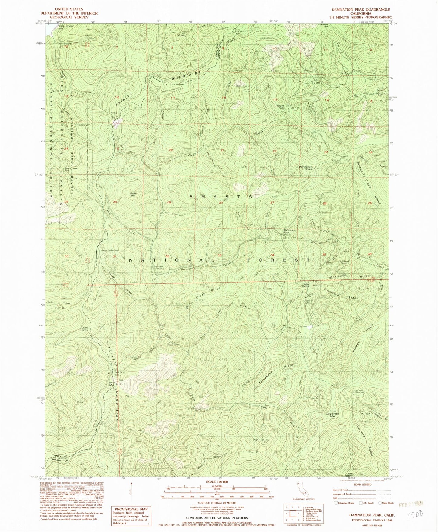 Classic USGS Damnation Peak California 7.5'x7.5' Topo Map Image