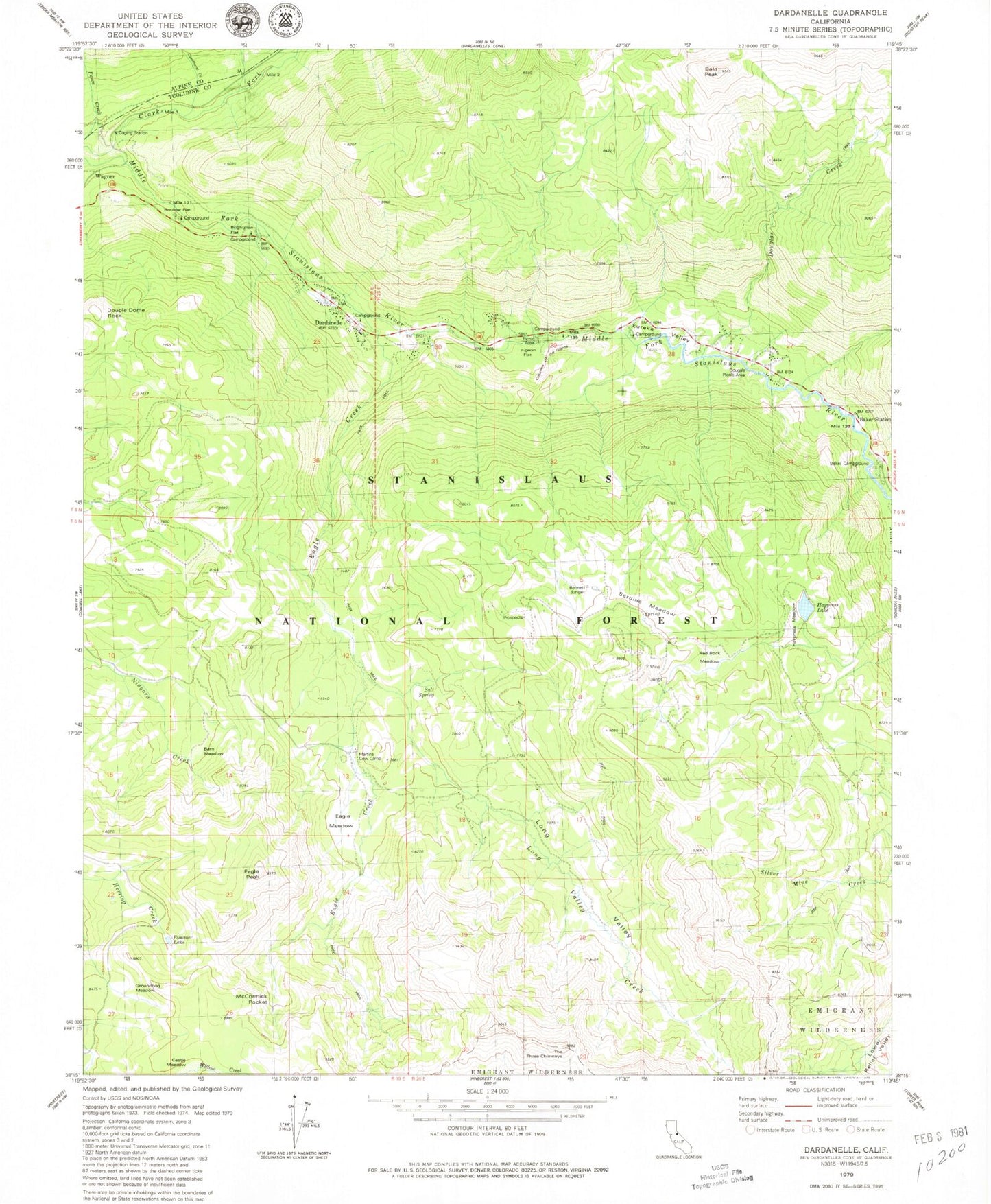 Classic USGS Dardanelle California 7.5'x7.5' Topo Map Image