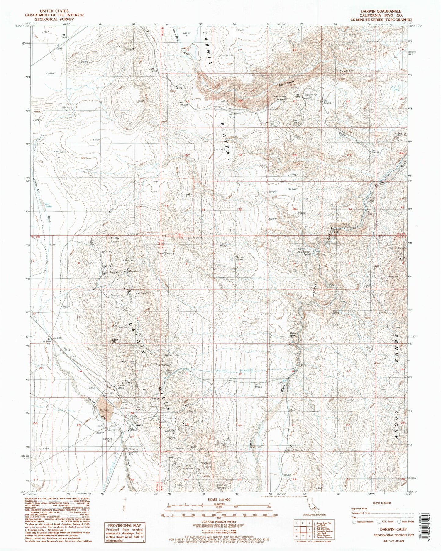 Classic USGS Darwin California 7.5'x7.5' Topo Map Image