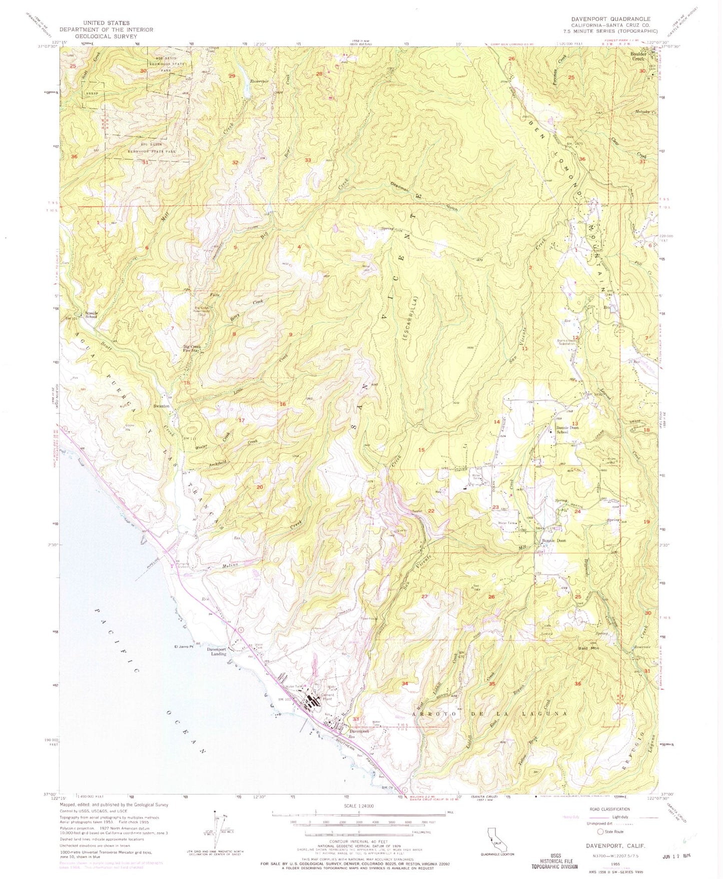 Classic USGS Davenport California 7.5'x7.5' Topo Map Image