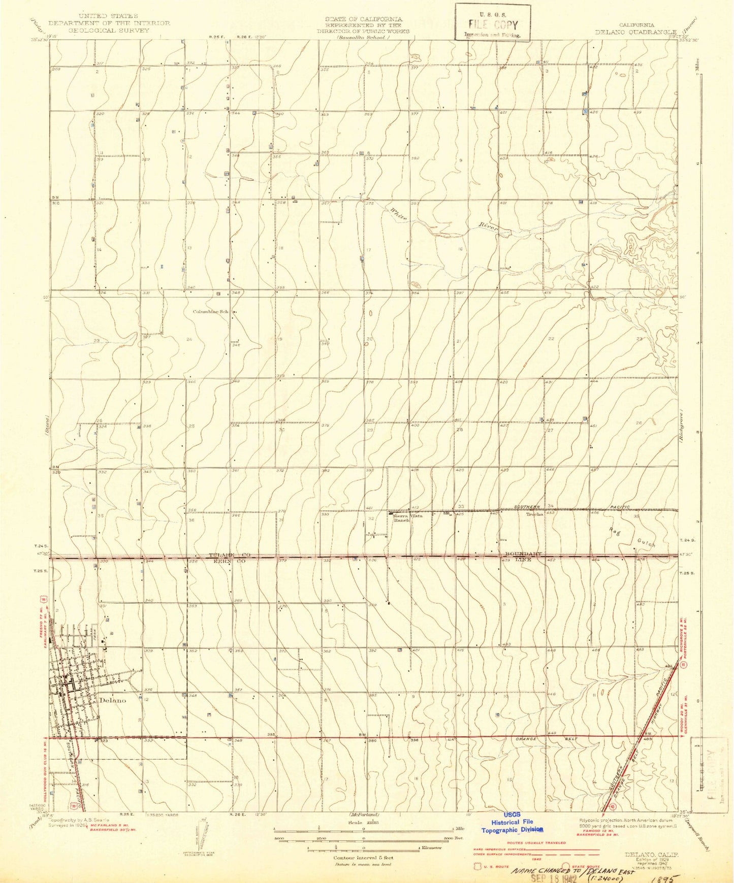 Classic USGS Delano East California 7.5'x7.5' Topo Map Image