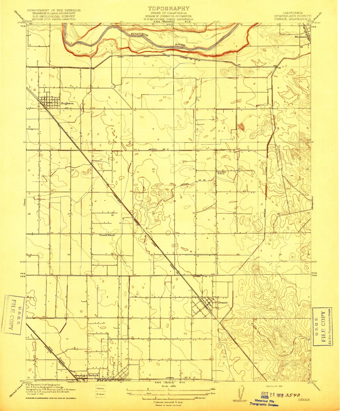 Classic USGS Denair California 7.5'x7.5' Topo Map Image