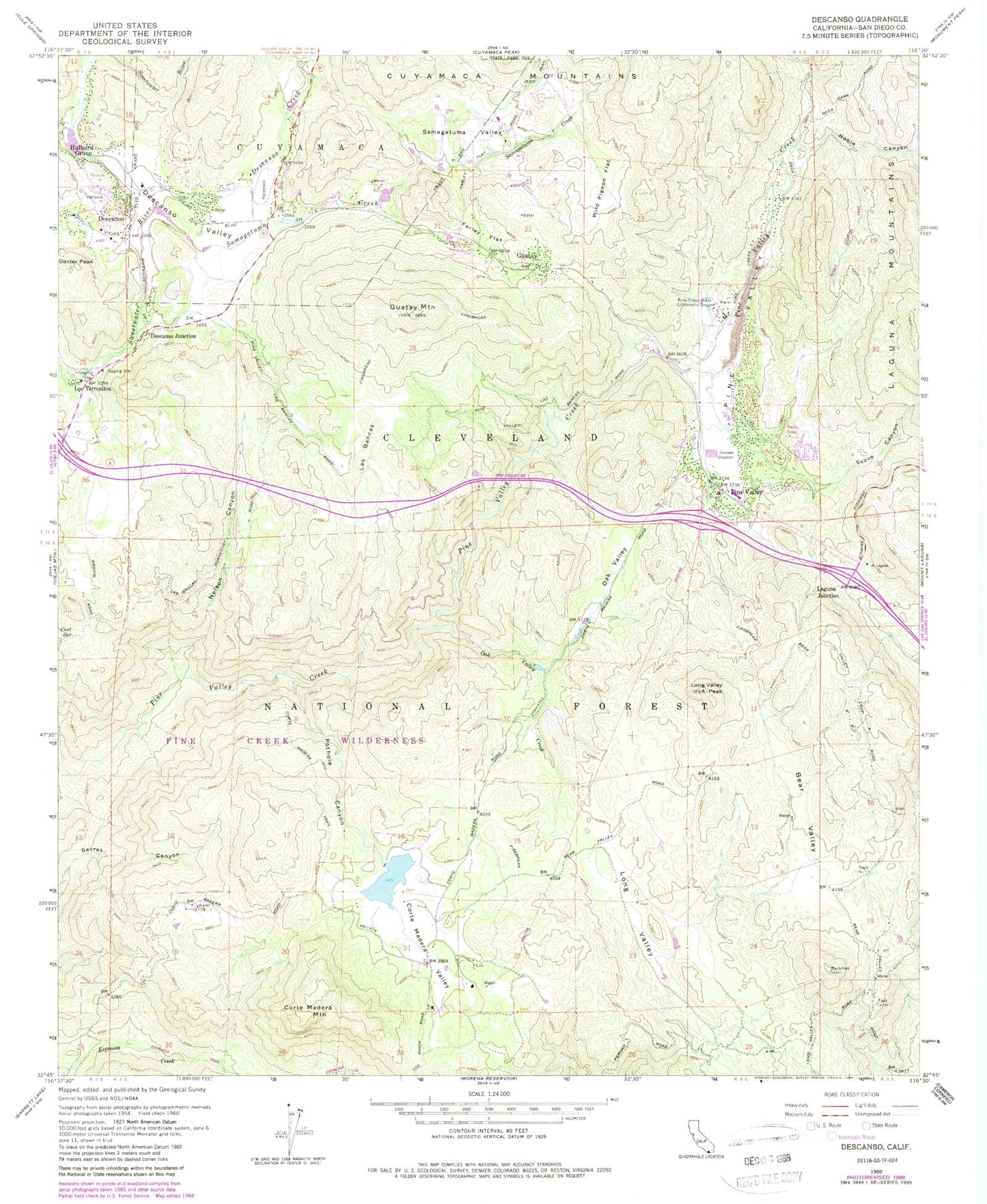 Classic USGS Descanso California 7.5'x7.5' Topo Map Image