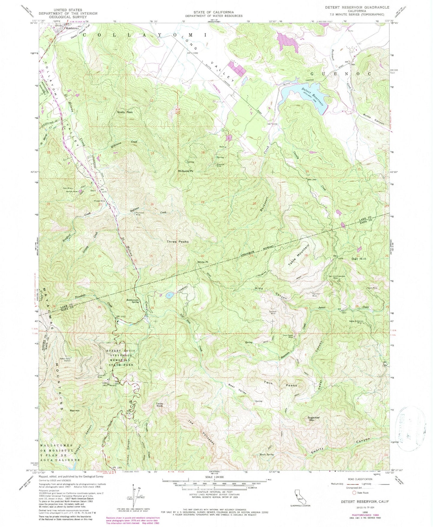 Classic USGS Detert Reservoir California 7.5'x7.5' Topo Map Image