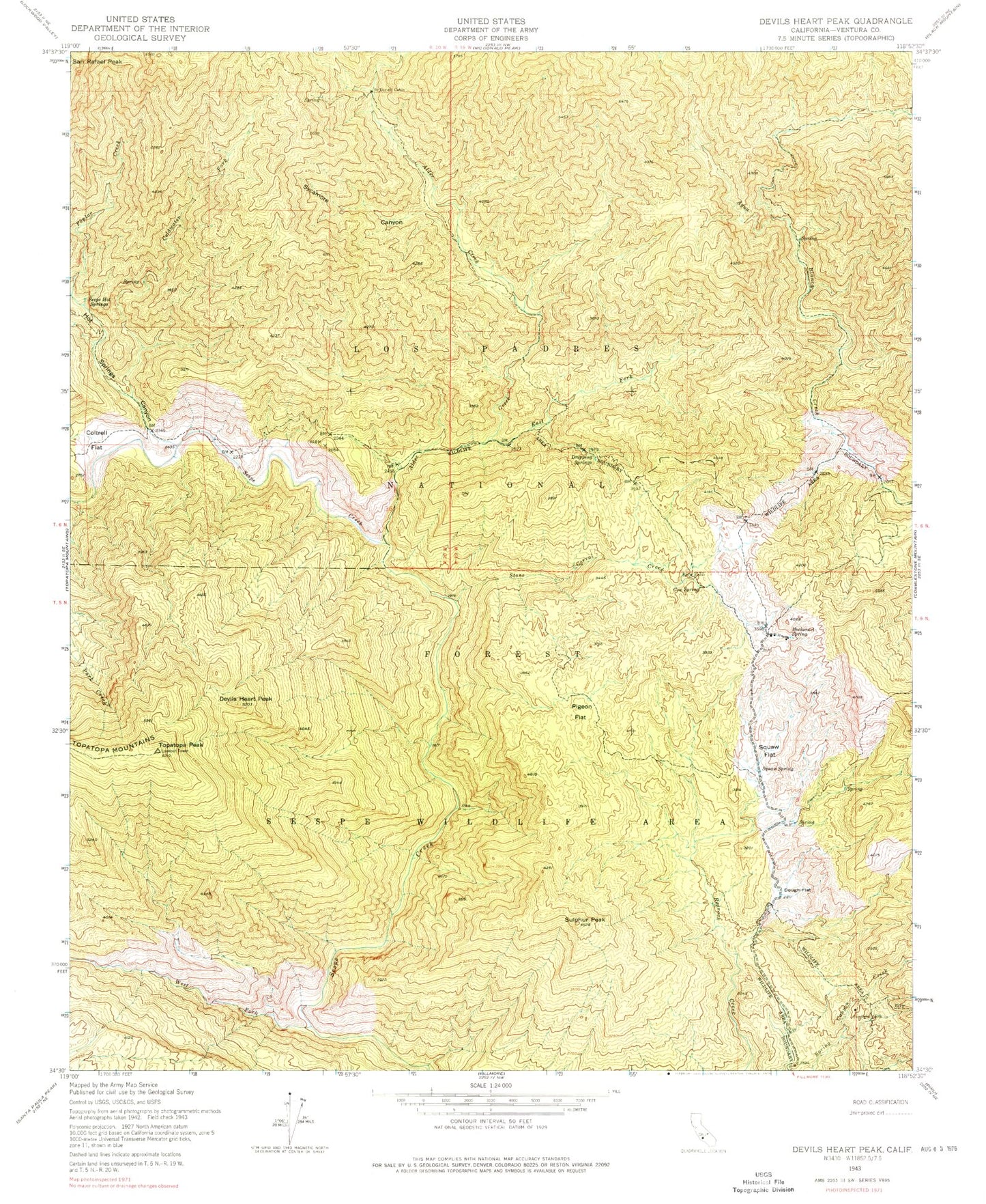Classic USGS Devils Heart Peak California 7.5'x7.5' Topo Map Image