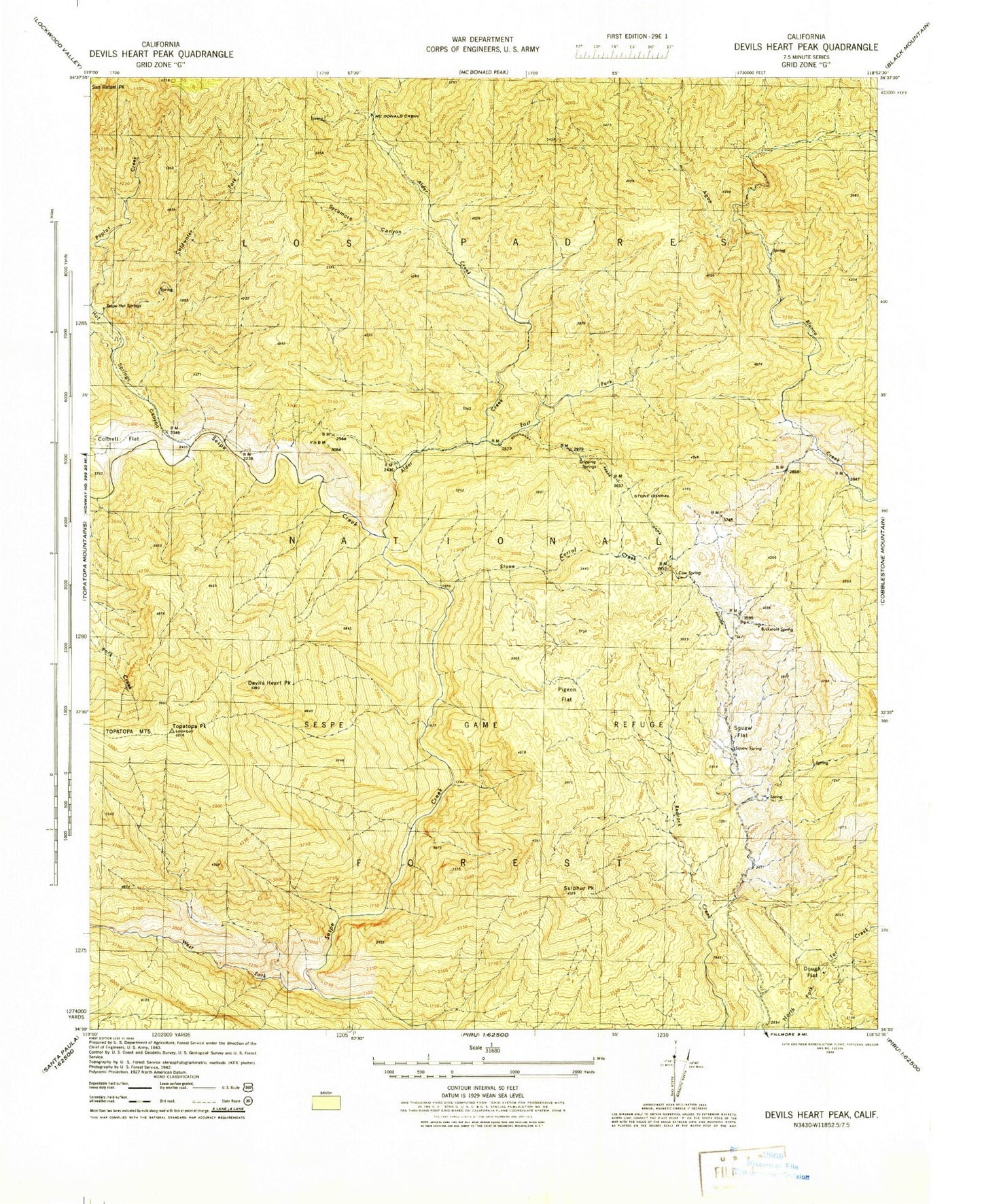 Classic USGS Devils Heart Peak California 7.5'x7.5' Topo Map Image