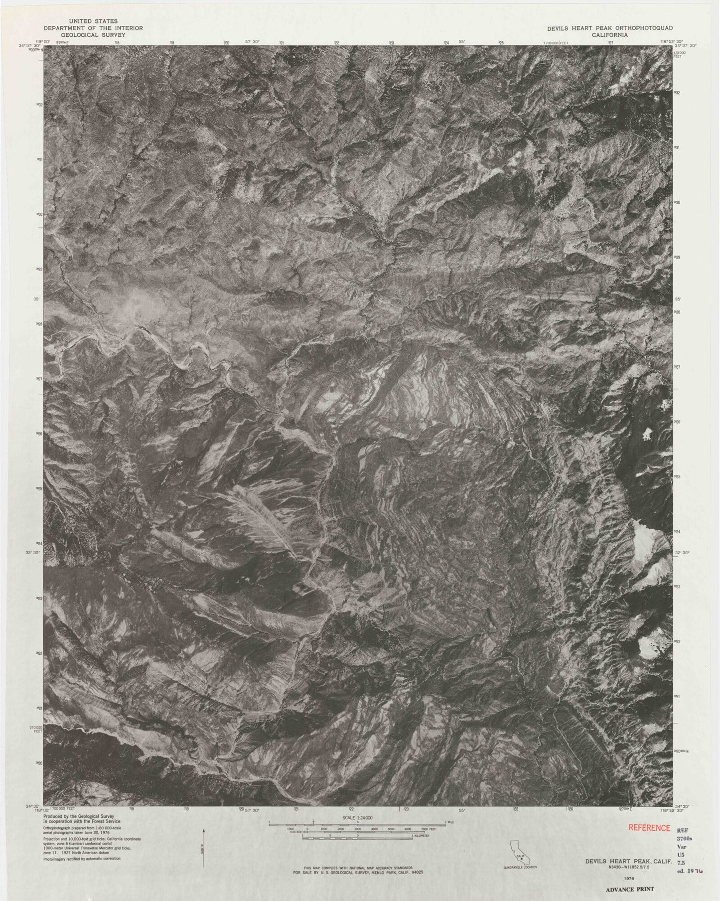 Classic USGS Devils Heart Peak California 7.5'x7.5' Topo Map Image