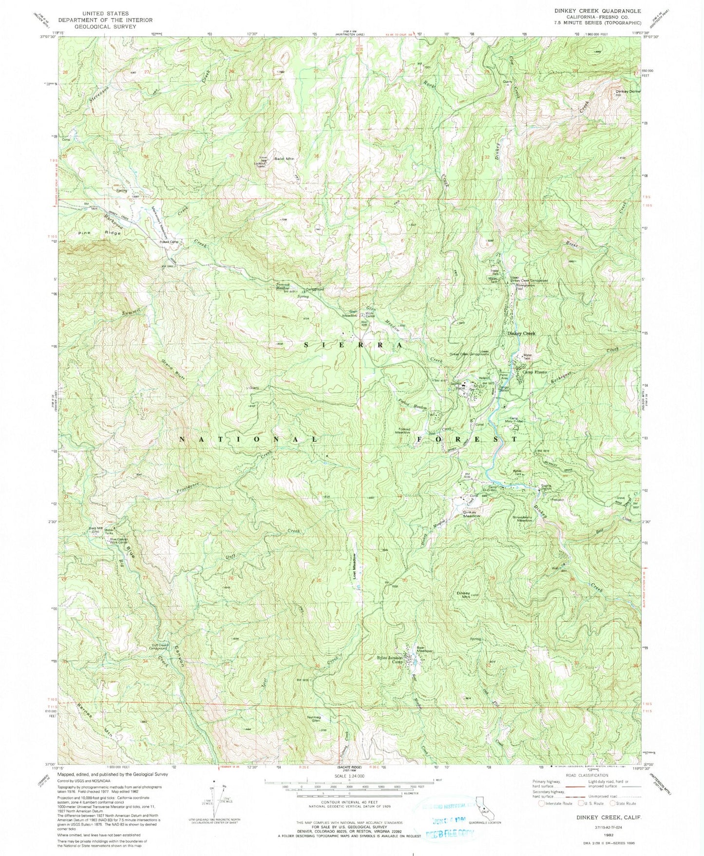 Classic USGS Dinkey Creek California 7.5'x7.5' Topo Map Image