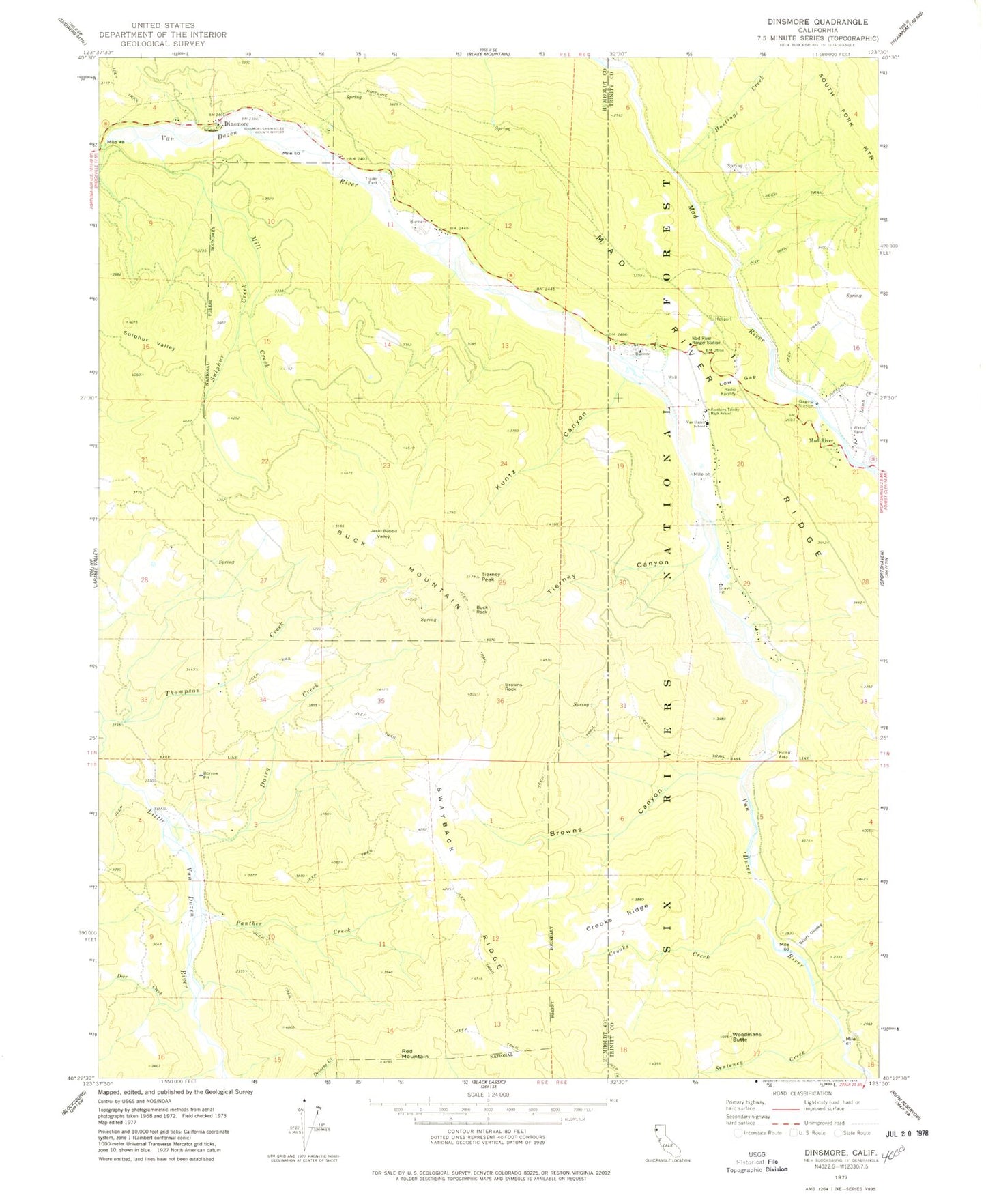 Classic USGS Dinsmore California 7.5'x7.5' Topo Map Image