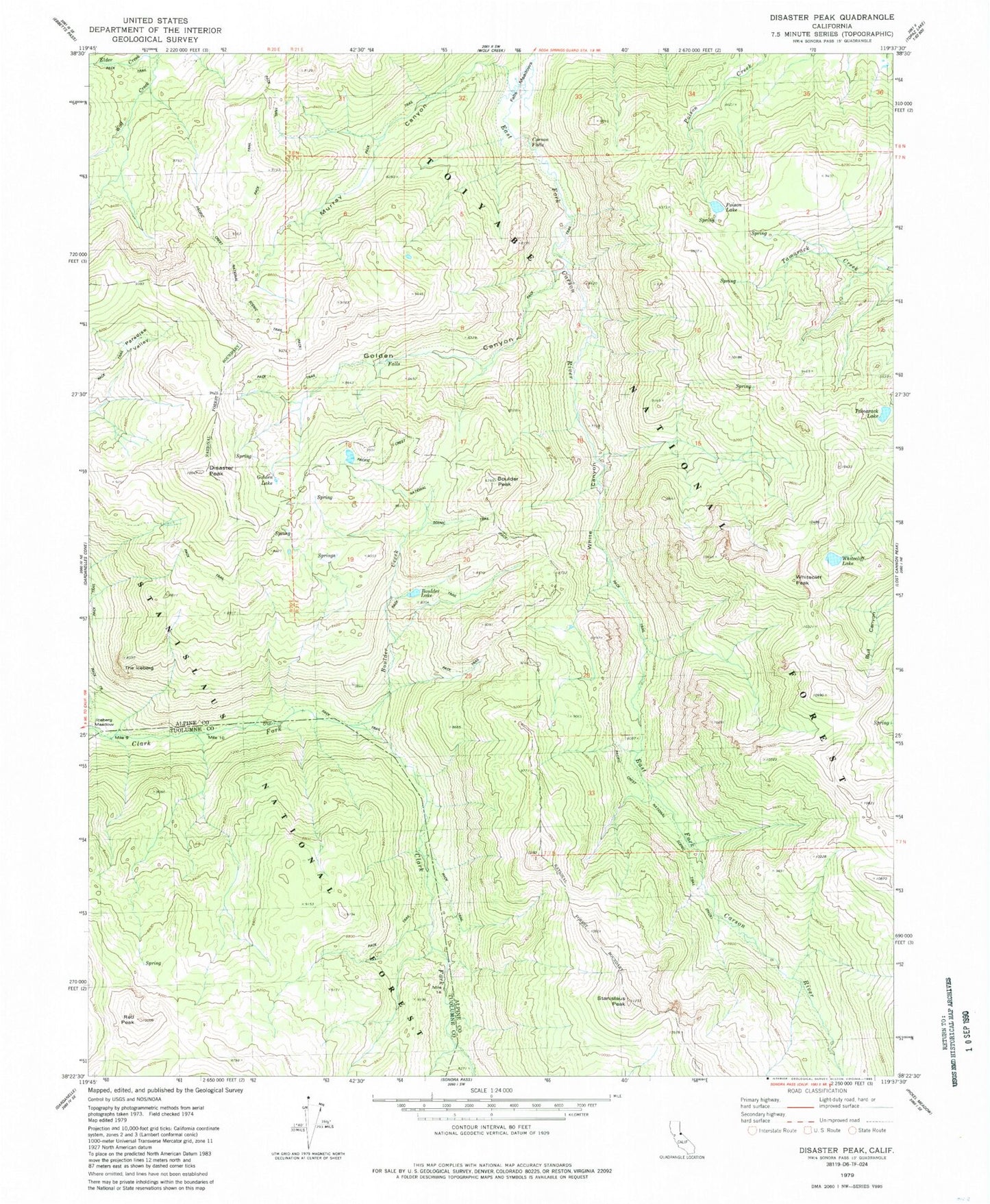 Classic USGS Disaster Peak California 7.5'x7.5' Topo Map Image