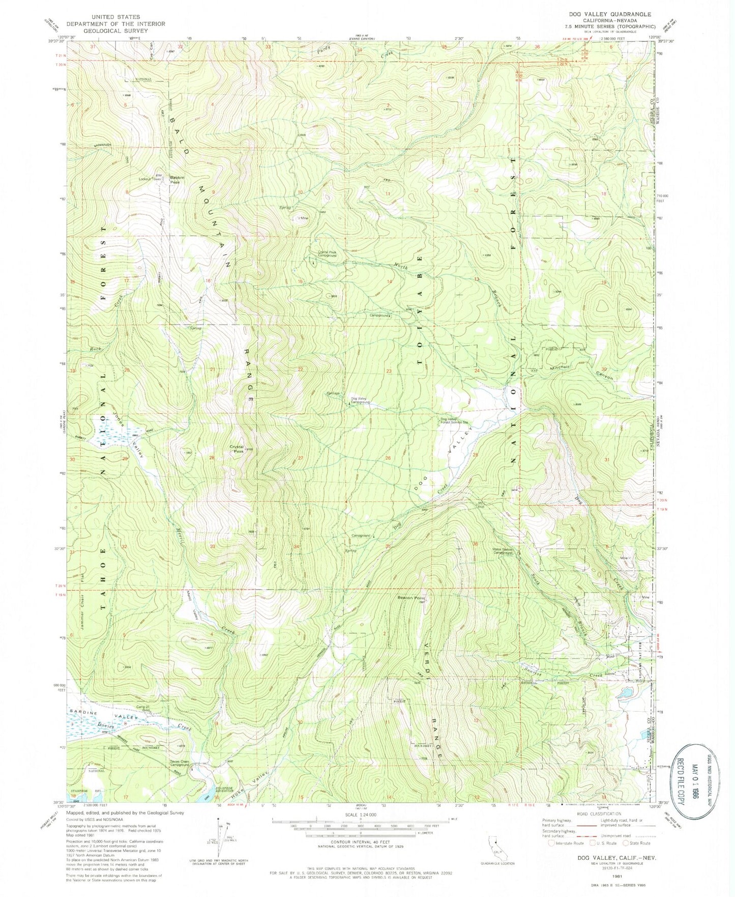 Classic USGS Dog Valley California 7.5'x7.5' Topo Map Image