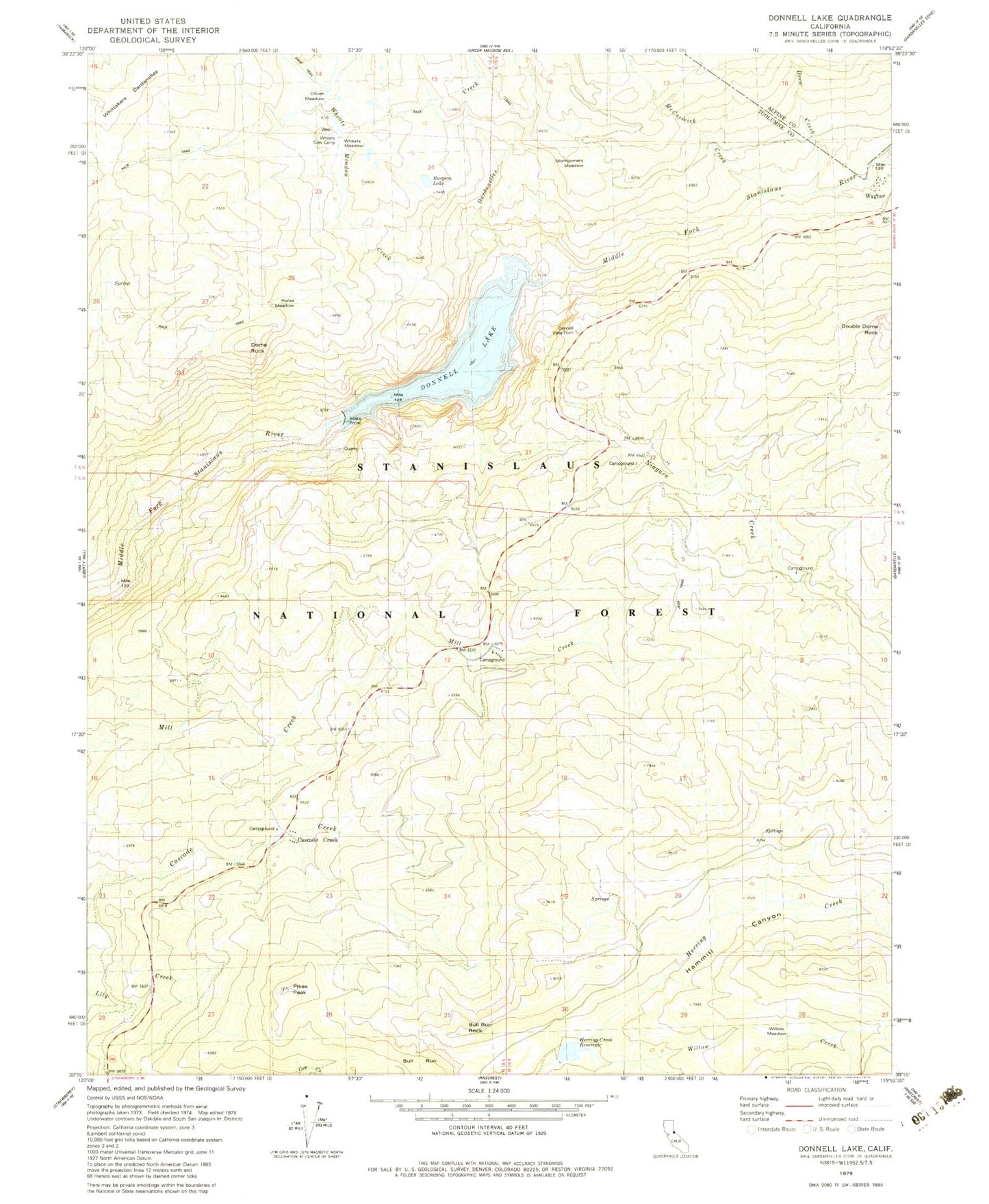 Classic USGS Donnell Lake California 7.5'x7.5' Topo Map Image