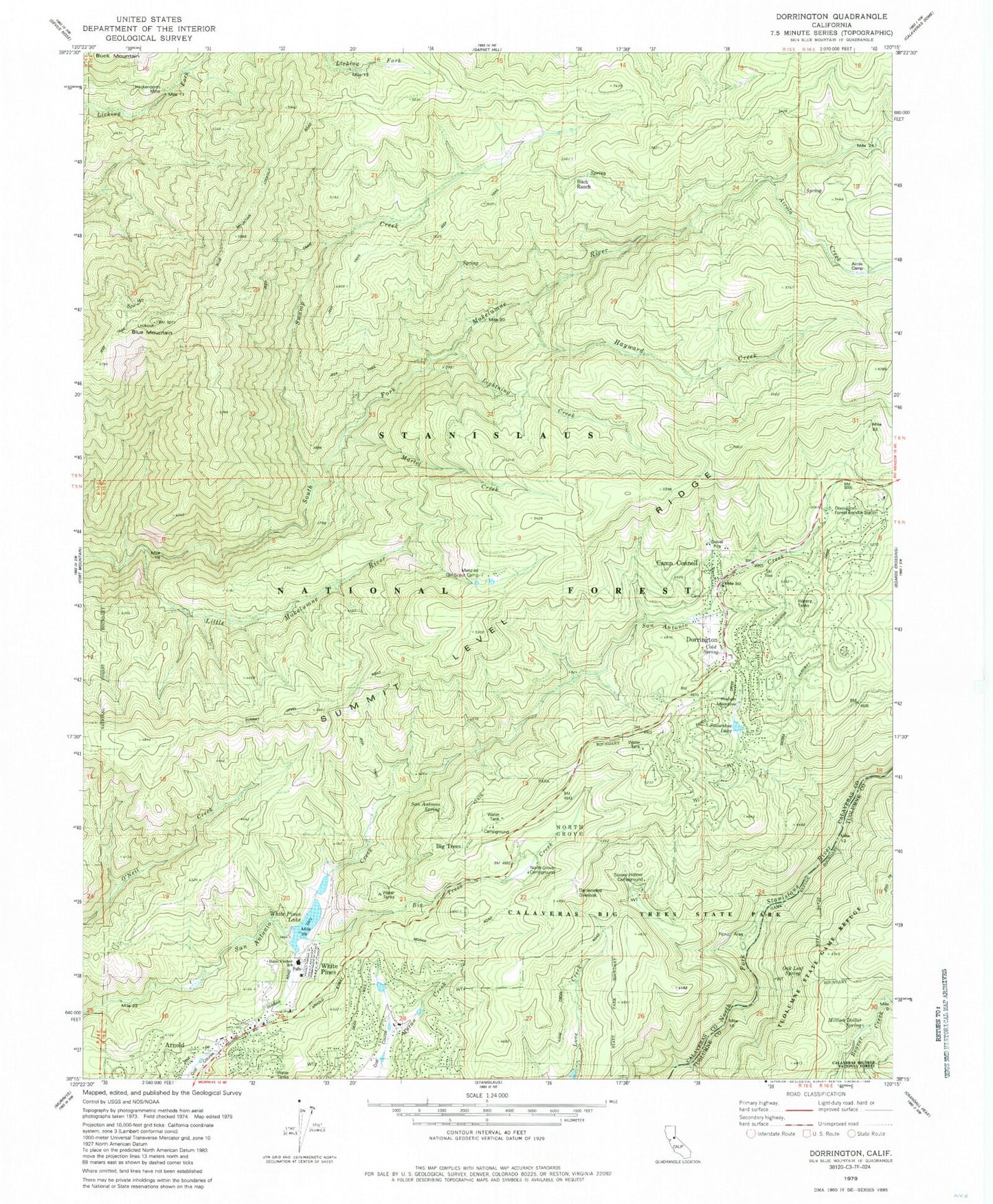 Classic USGS Dorrington California 7.5'x7.5' Topo Map Image