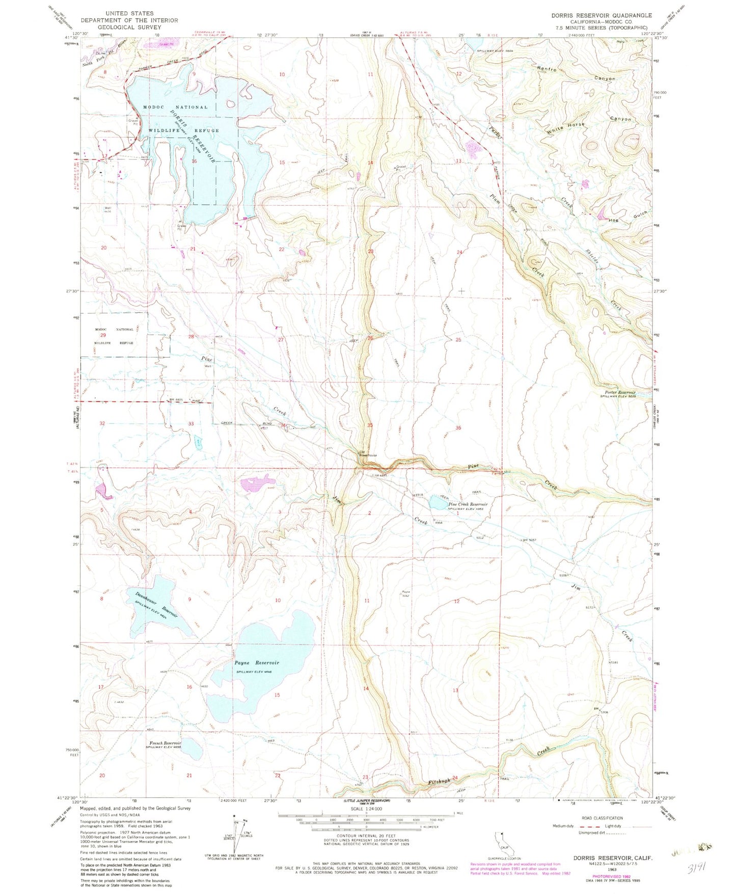 Classic USGS Dorris Reservoir California 7.5'x7.5' Topo Map Image
