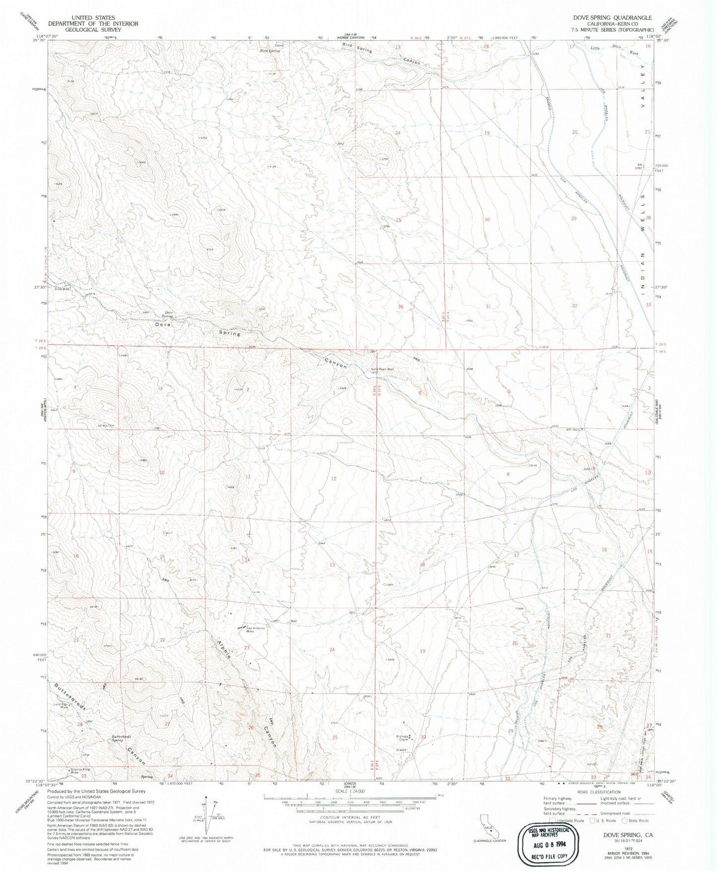 Classic USGS Dove Spring California 7.5'x7.5' Topo Map Image