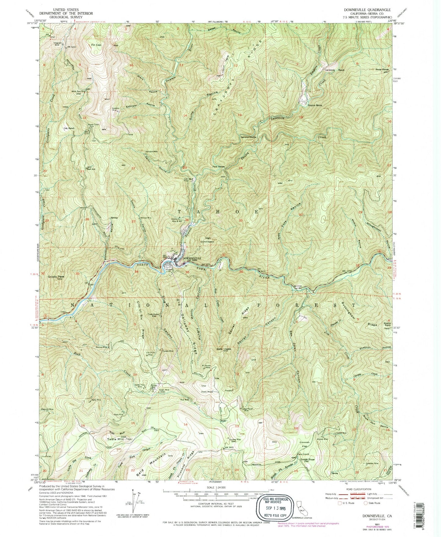 Classic USGS Downieville California 7.5'x7.5' Topo Map Image