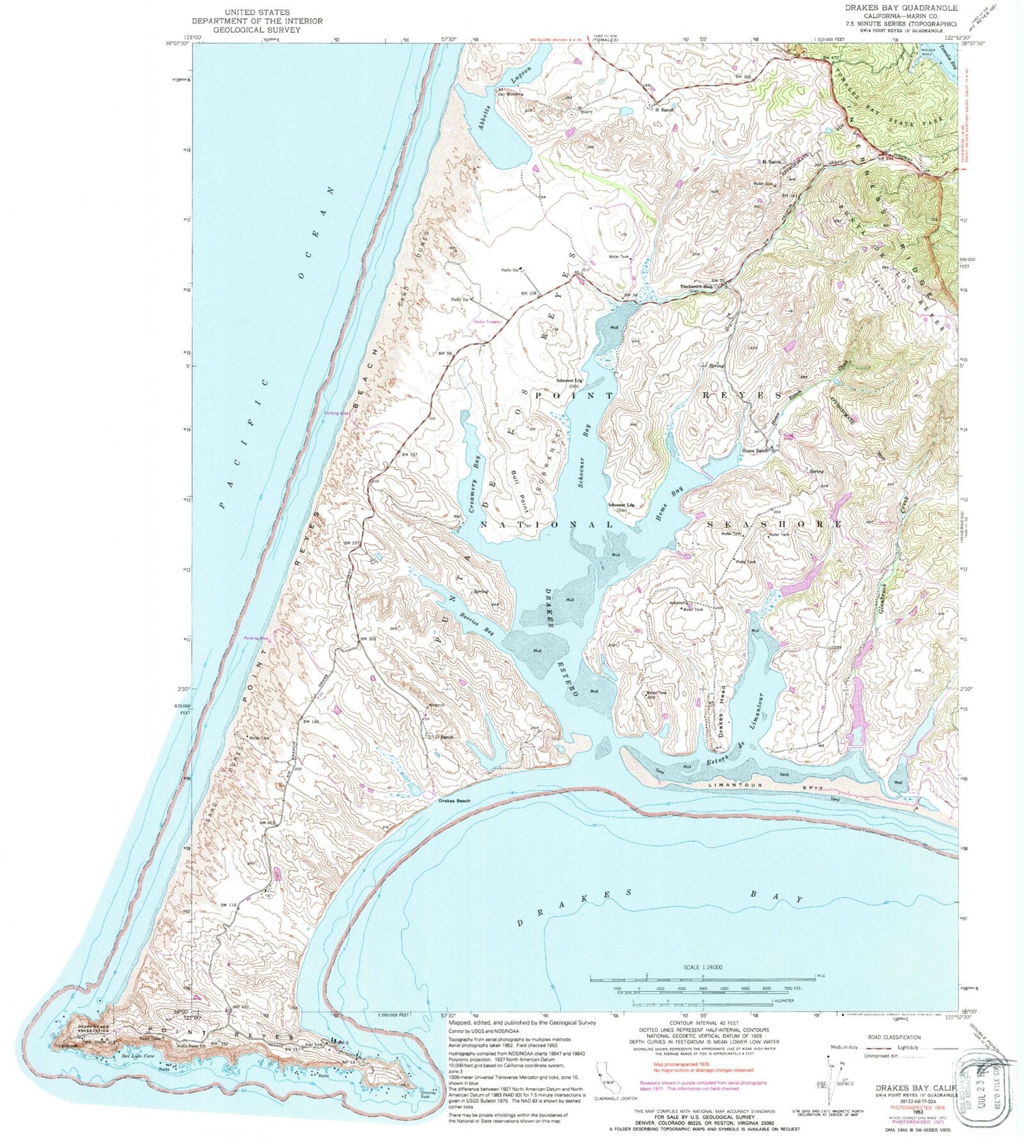 Classic USGS Drakes Bay California 7.5'x7.5' Topo Map Image