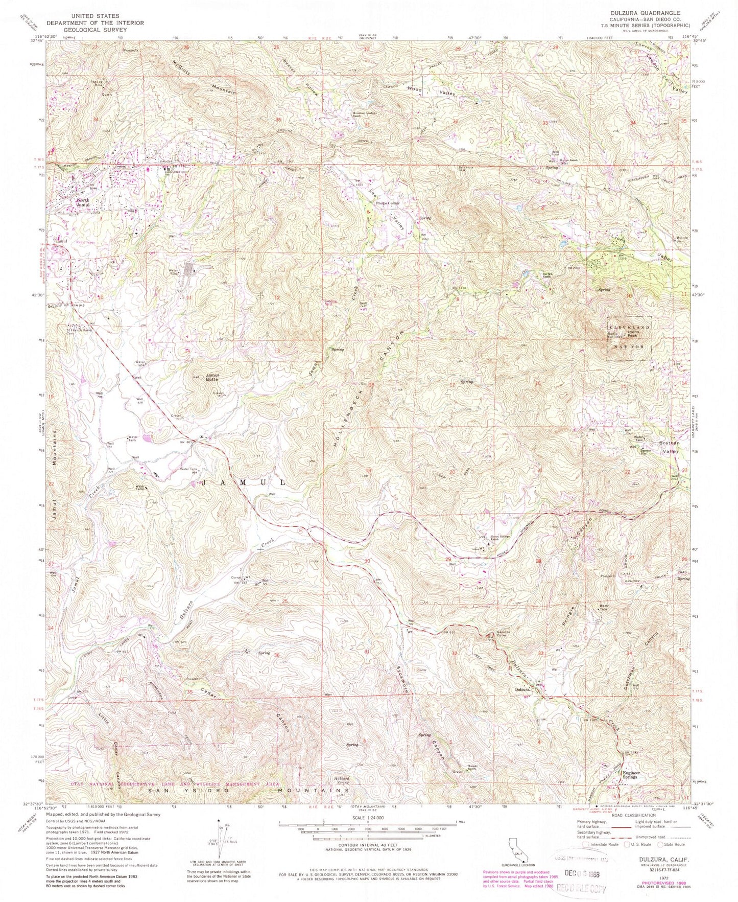 Classic USGS Dulzura California 7.5'x7.5' Topo Map Image