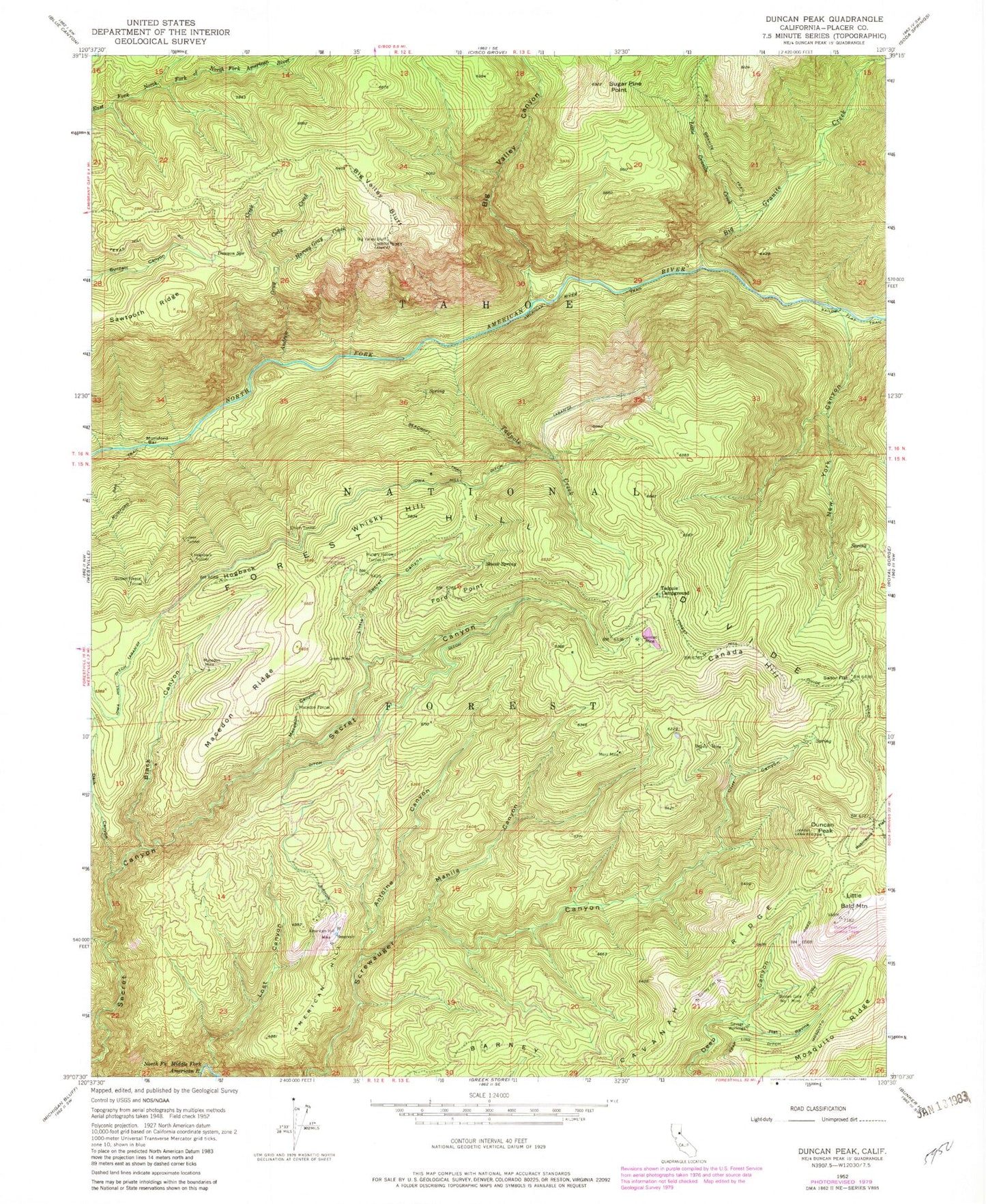 Classic USGS Duncan Peak California 7.5'x7.5' Topo Map Image