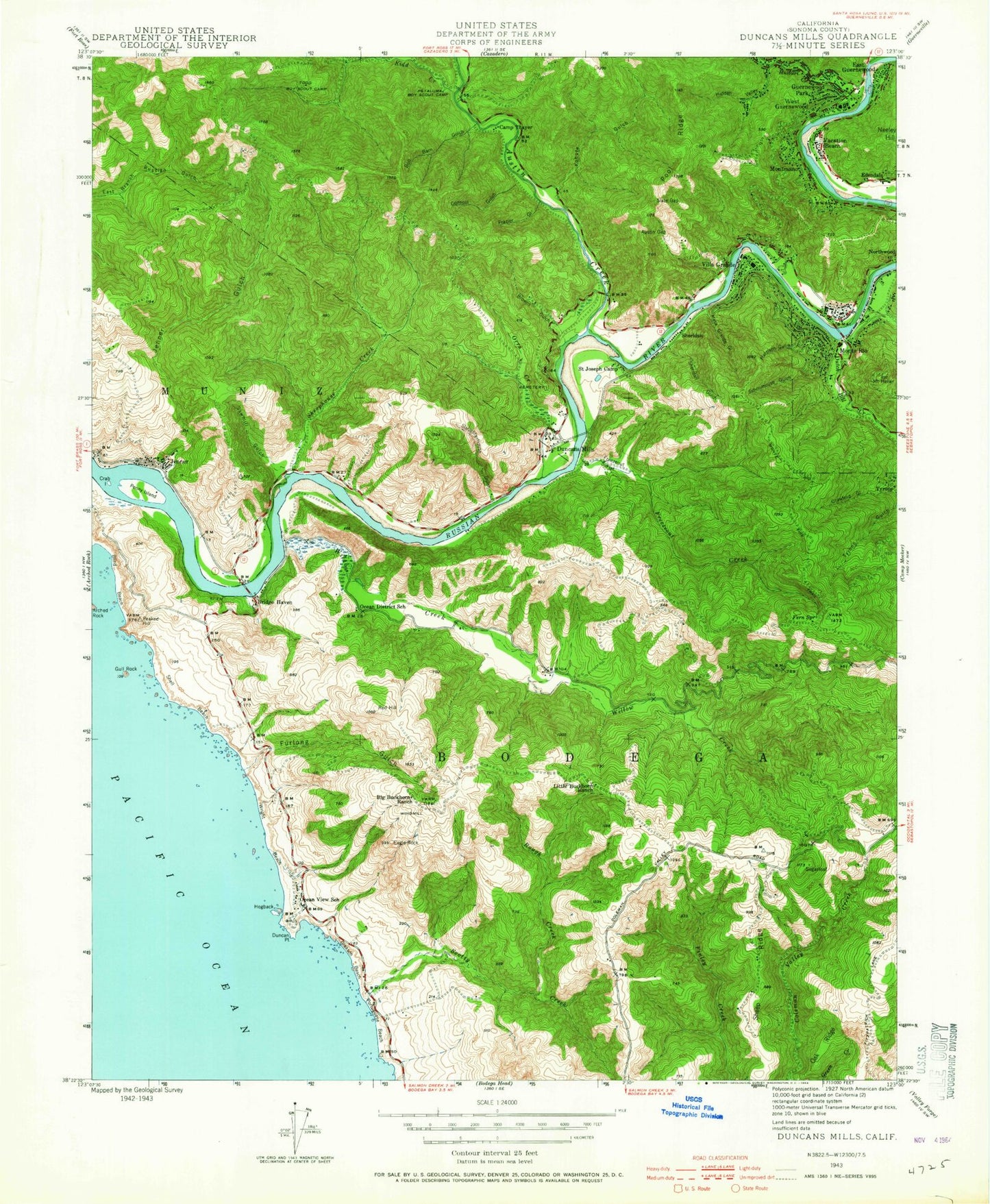 Classic USGS Duncans Mills California 7.5'x7.5' Topo Map Image