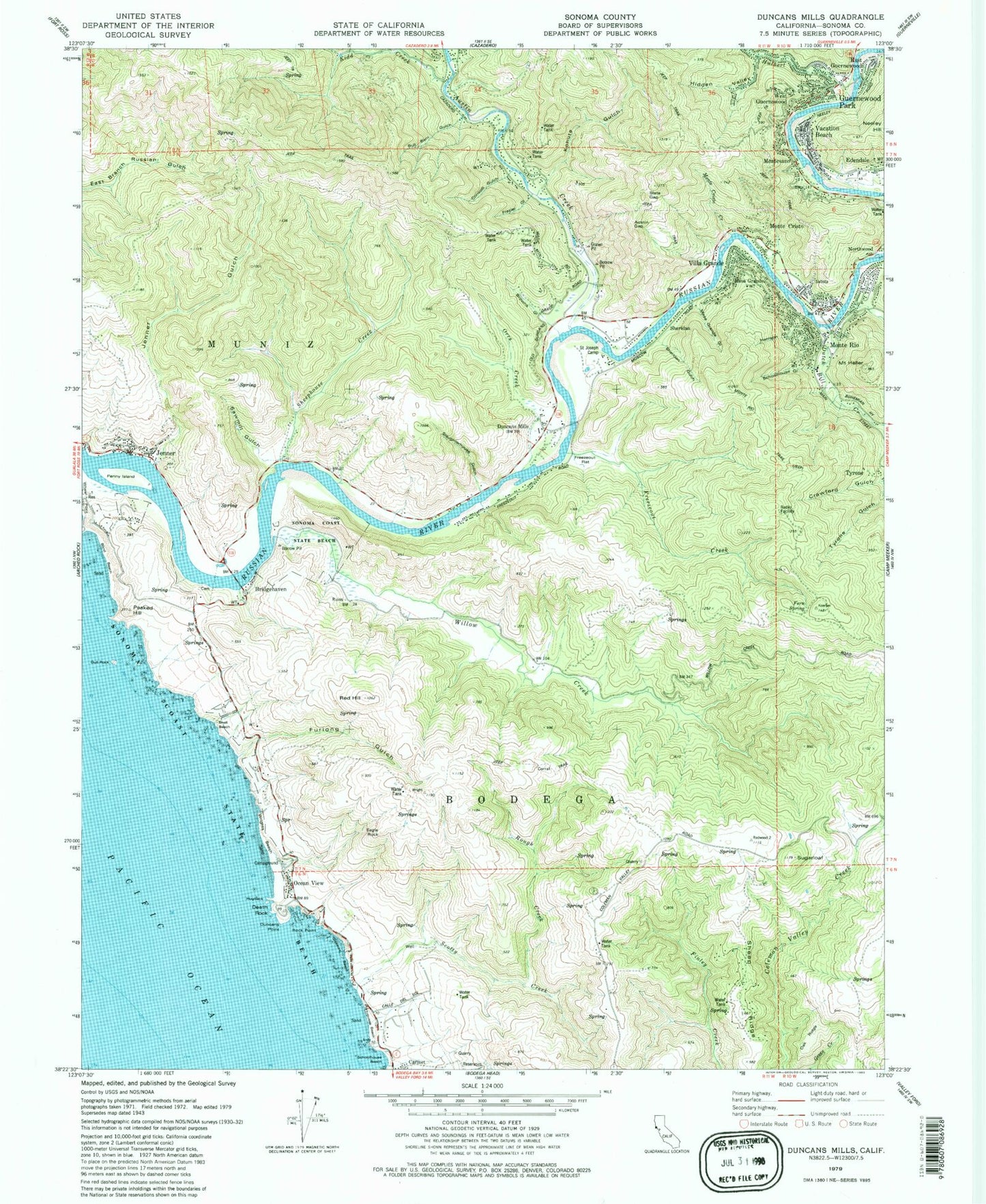 Classic USGS Duncans Mills California 7.5'x7.5' Topo Map Image