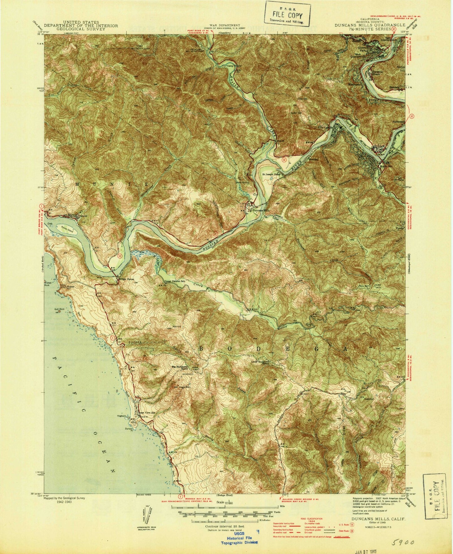 Classic USGS Duncans Mills California 7.5'x7.5' Topo Map Image