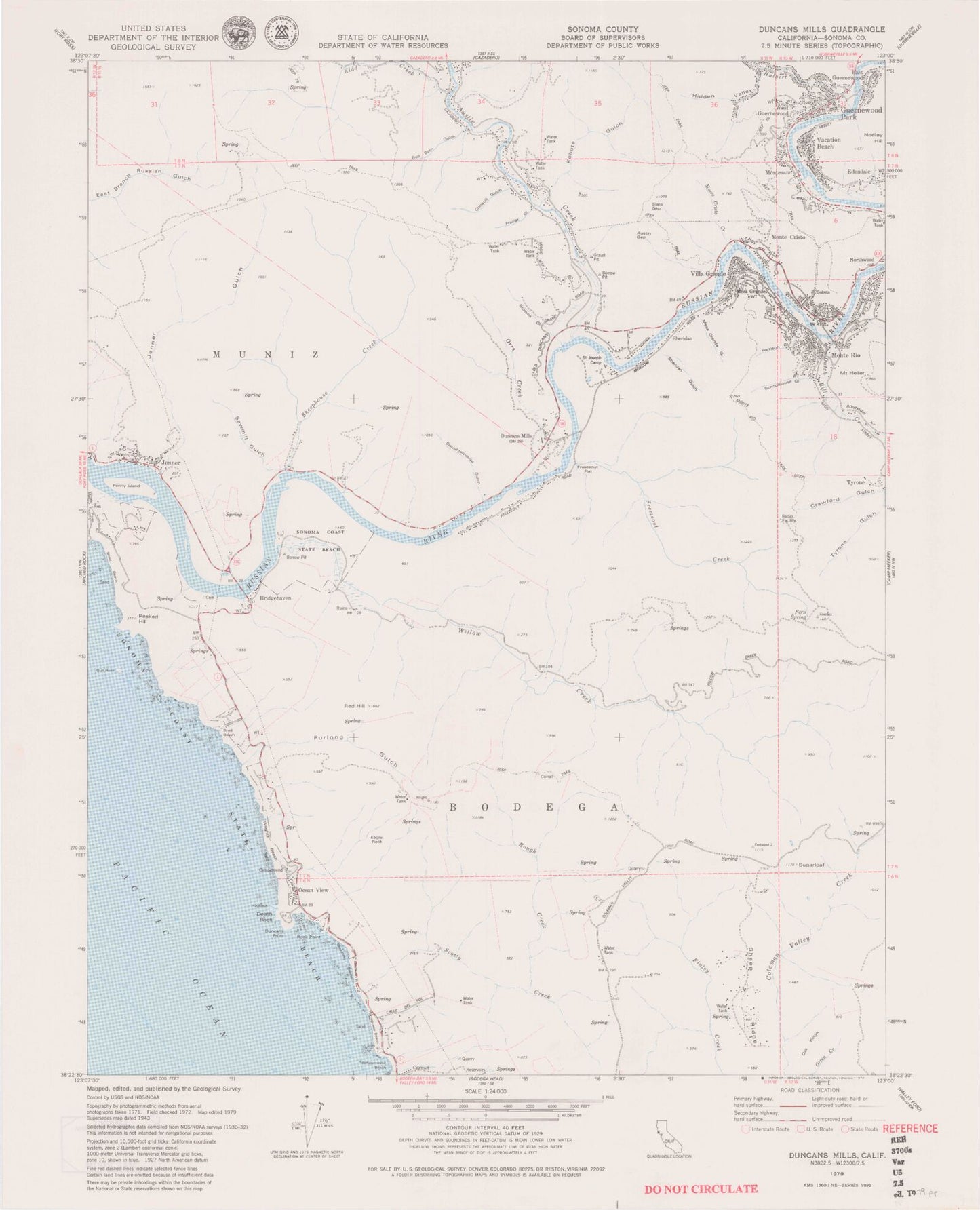 Classic USGS Duncans Mills California 7.5'x7.5' Topo Map Image