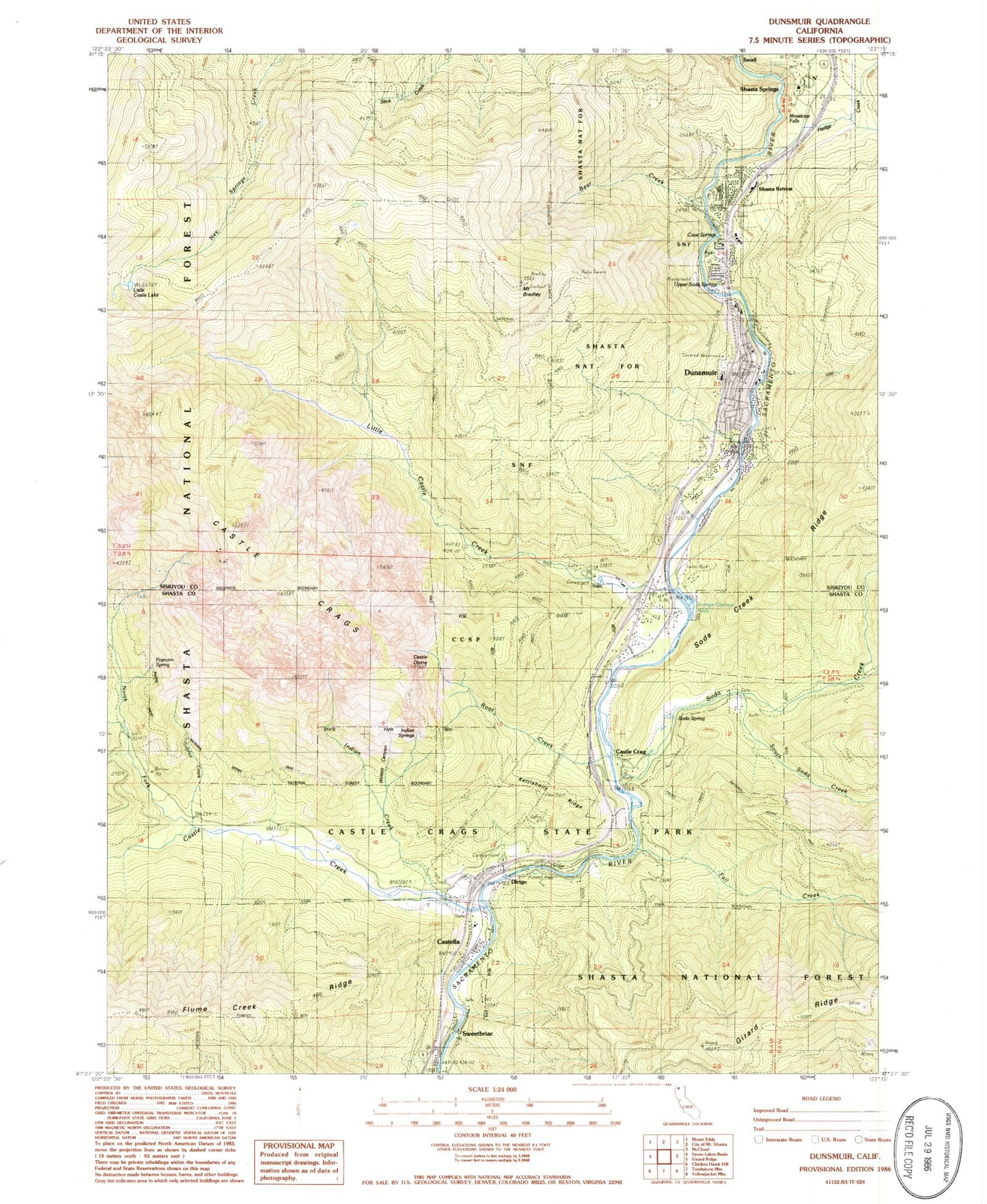 Classic USGS Dunsmuir California 7.5'x7.5' Topo Map Image