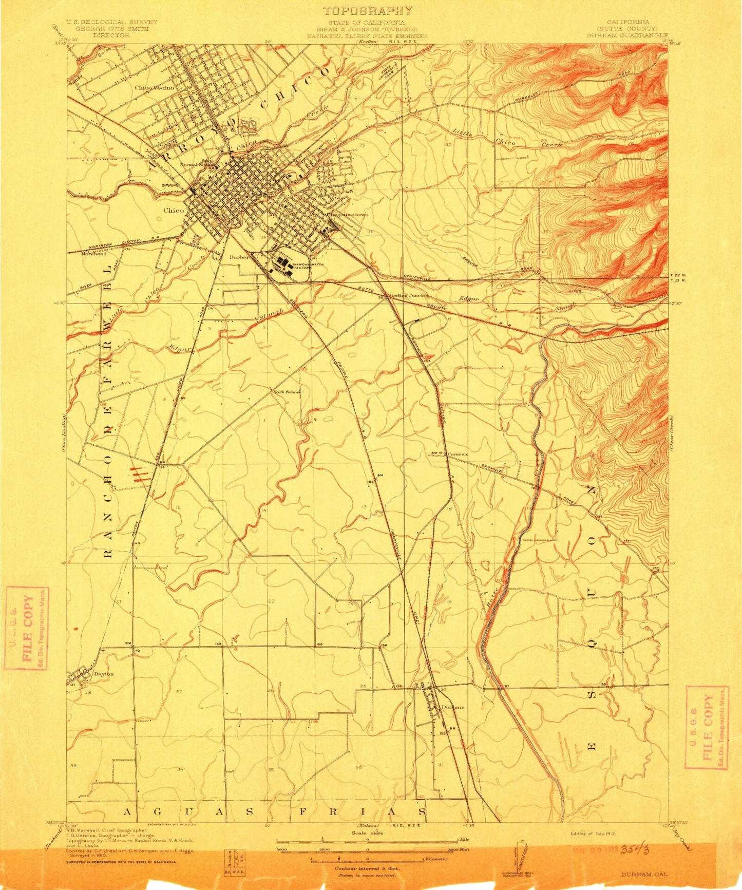 Classic USGS Chico California 7.5'x7.5' Topo Map Image